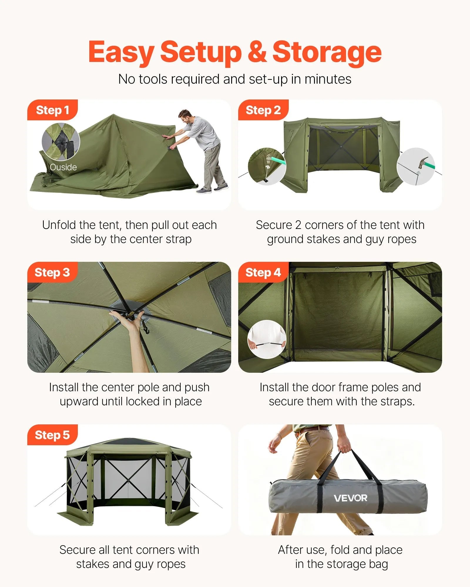 VEVOR Pop up Gazebo Screen Tent, 10 x 10 ft Large 6-Sided Camping Canopy Tent with Removable Top & Carry Bag, Quick-Set & Bite-Proof, Screen House Sun Shelter for 6-8 Persons Backyard Patio, Green