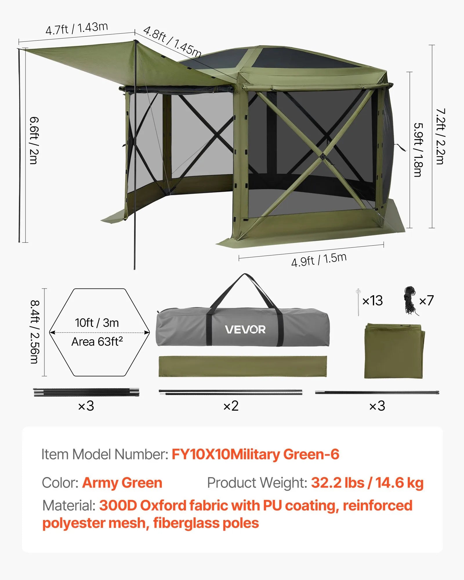 VEVOR Pop up Gazebo Screen Tent, 10 x 10 ft Large 6-Sided Camping Canopy Tent with Removable Top & Carry Bag, Quick-Set & Bite-Proof, Screen House Sun Shelter for 6-8 Persons Backyard Patio, Green
