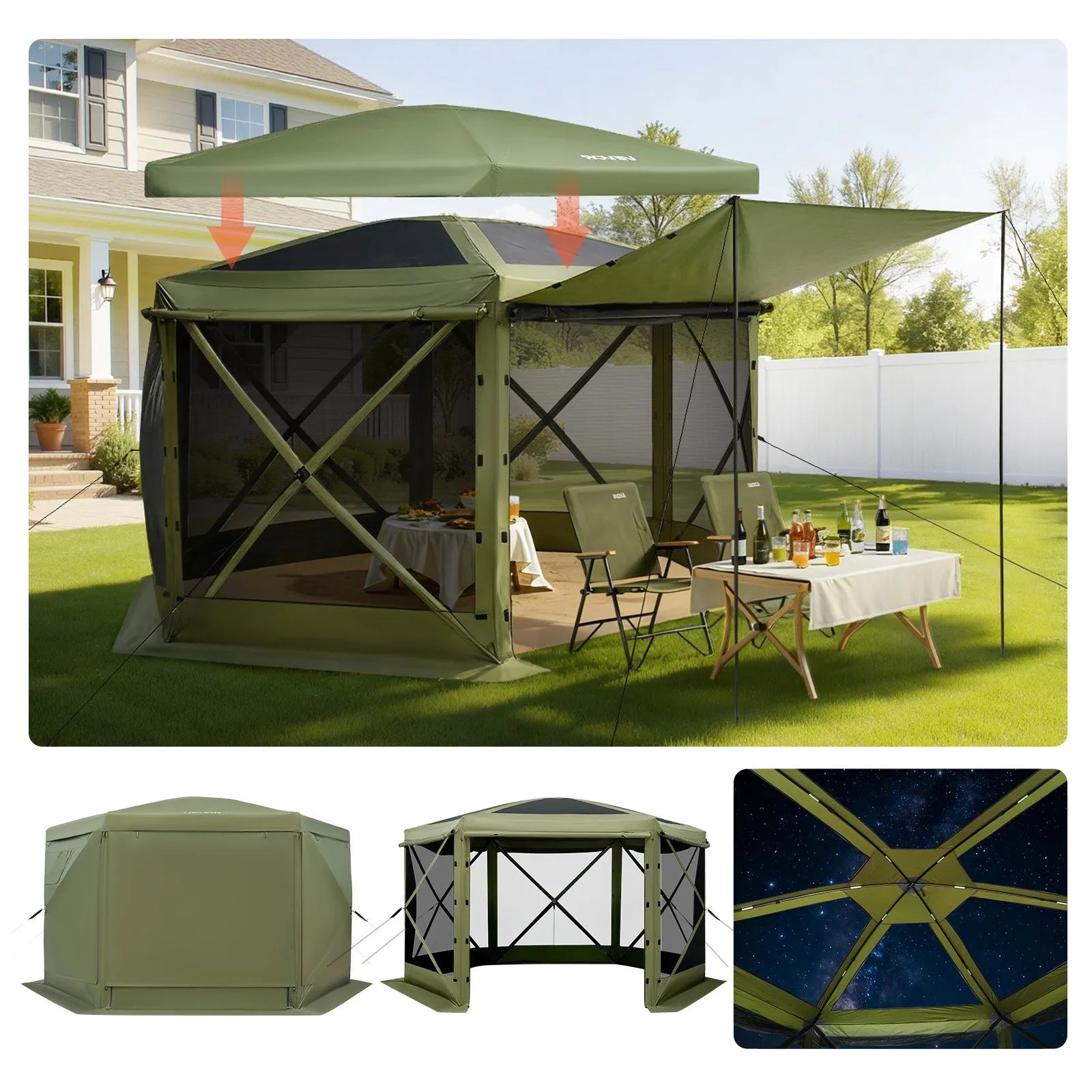 VEVOR Pop up Gazebo Screen Tent, 10 x 10 ft Large 6-Sided Camping Canopy Tent with Removable Top & Carry Bag, Quick-Set & Bite-Proof, Screen House Sun Shelter for 6-8 Persons Backyard Patio, Green