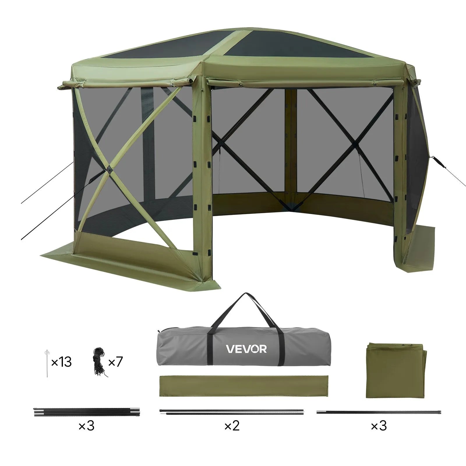 VEVOR Pop up Gazebo Screen Tent, 10 x 10 ft Large 6-Sided Camping Canopy Tent with Removable Top & Carry Bag, Quick-Set & Bite-Proof, Screen House Sun Shelter for 6-8 Persons Backyard Patio, Green