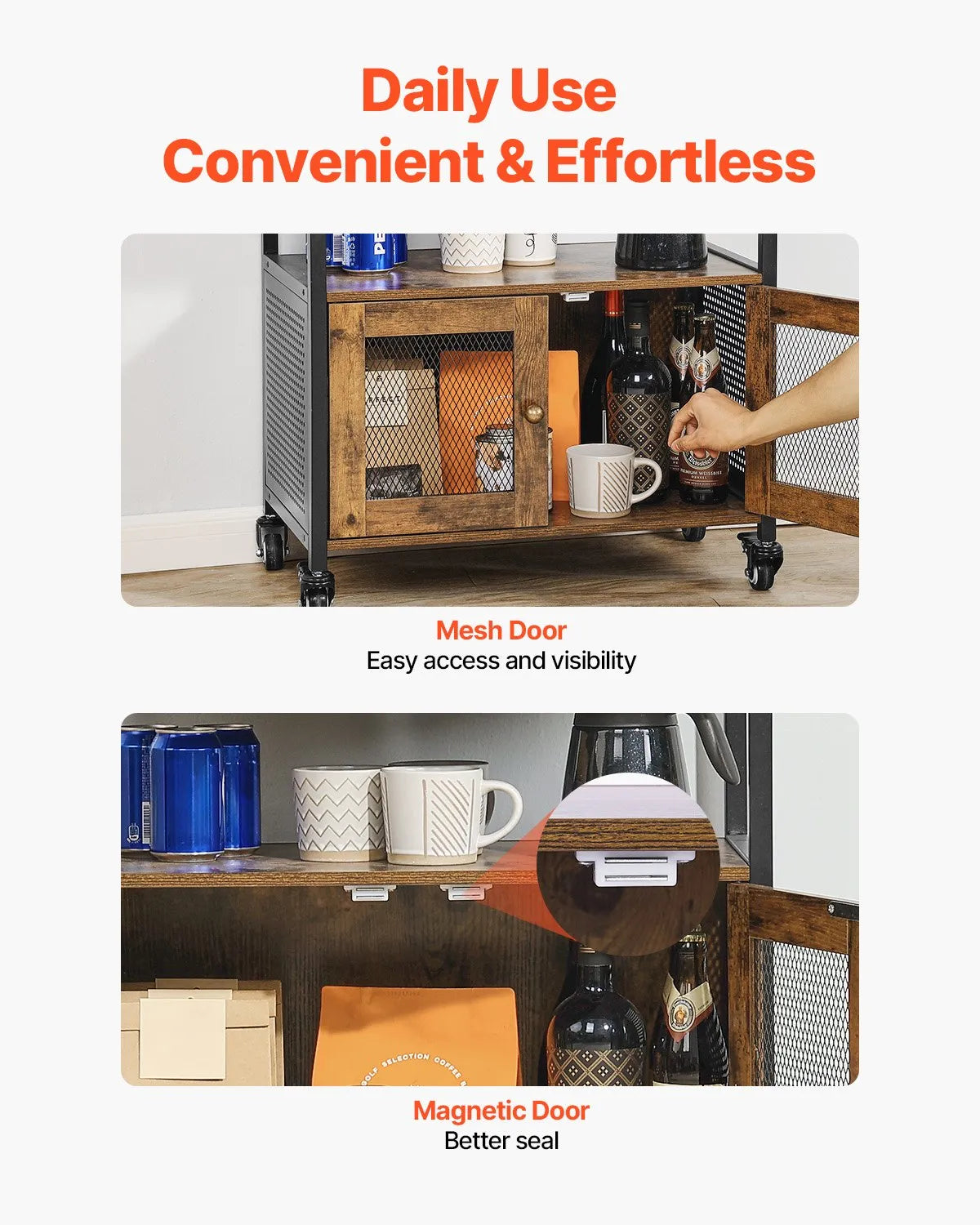 VEVOR Coffee Bar Cabinet 4-Tier Movable Coffee Bar Table with Wheels & Mesh Door