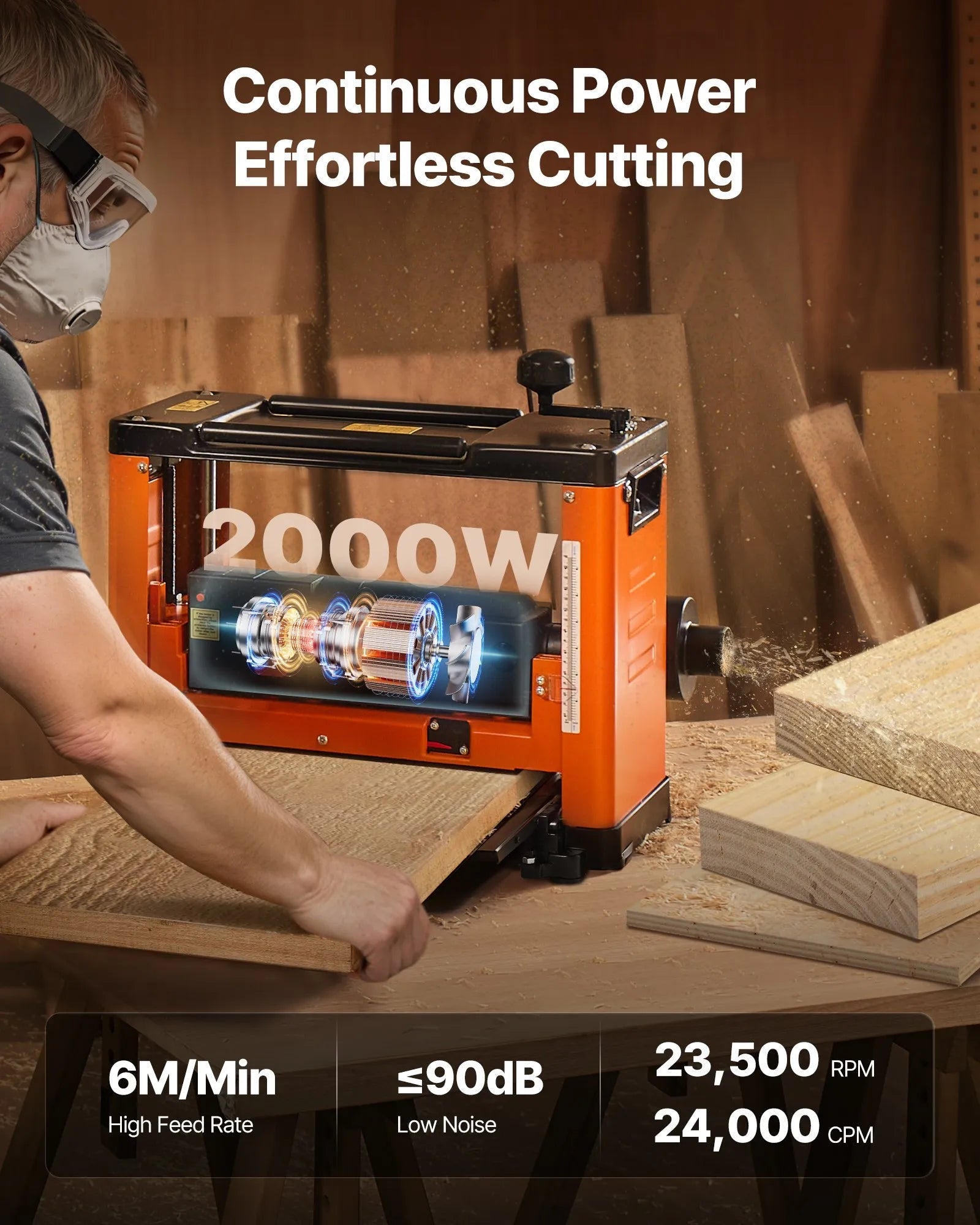 VEVOR Thickness Planer, Three-Blade, 13-Inch Width Worktable Power Benchtop Planer, 2000W 23500 RPM Powerful Motor, Dual Rollers, Over Protection, Single Speed Woodworking, for Hard Soft Wood Material