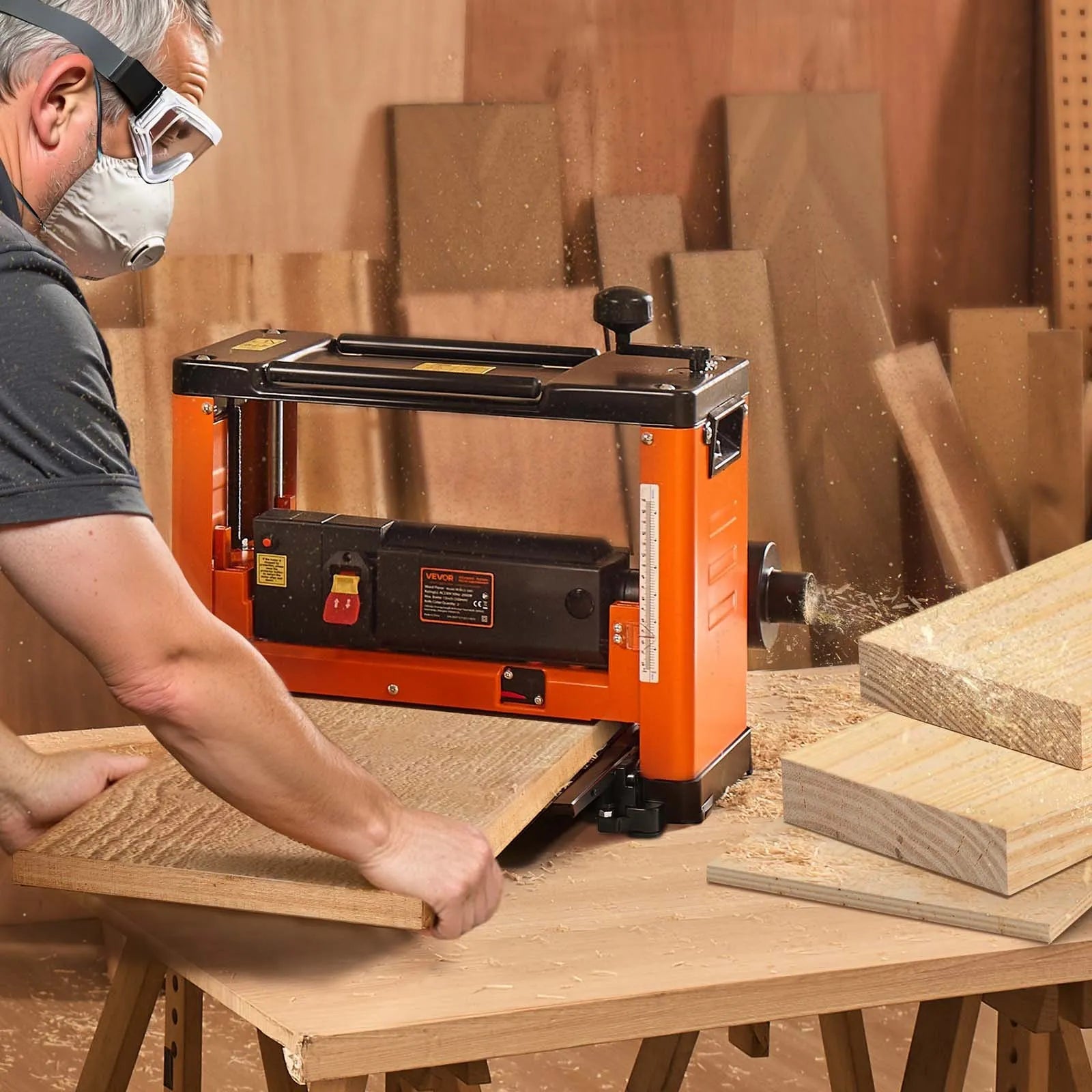 VEVOR Thickness Planer, Three-Blade, 13-Inch Width Worktable Power Benchtop Planer, 2000W 23500 RPM Powerful Motor, Dual Rollers, Over Protection, Single Speed Woodworking, for Hard Soft Wood Material