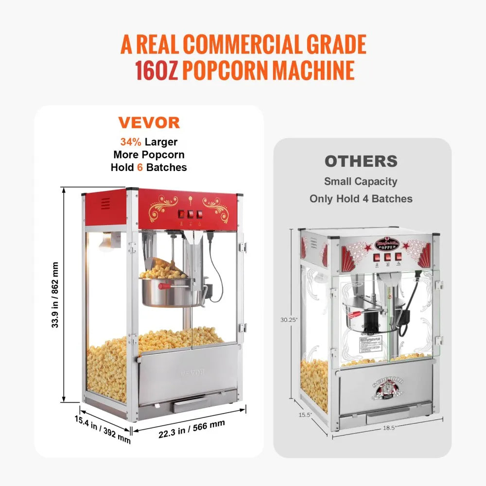 VEVOR Popcorn Popper Machine Countertop Popcorn Maker 1615W 16 Oz Red