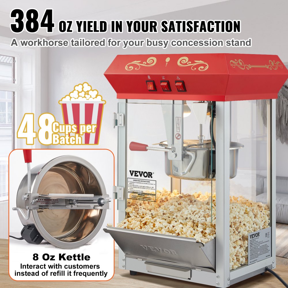VEVOR Commercial Popcorn Machine, 8 Oz Kettle, 850 W Countertop Popcorn Maker for 48 Cups per Batch, Theater Style Popper with 3-Switch Control Steel Frame Tempered Glass Doors 1 Scoop 2 Spoons, Red
