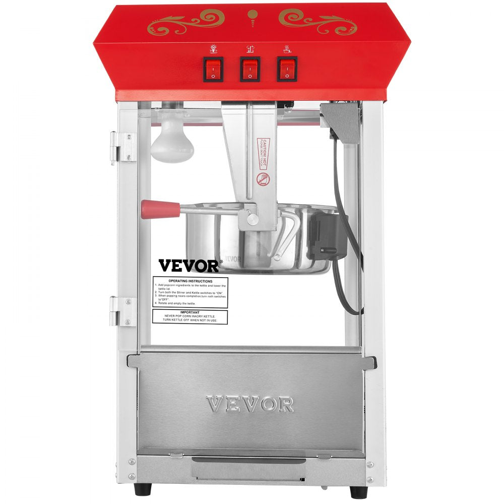VEVOR Commercial Popcorn Machine, 8 Oz Kettle, 850 W Countertop Popcorn Maker for 48 Cups per Batch, Theater Style Popper with 3-Switch Control Steel Frame Tempered Glass Doors 1 Scoop 2 Spoons, Red