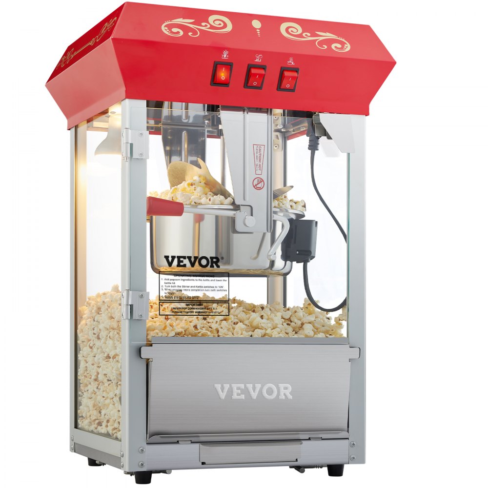 VEVOR Commercial Popcorn Machine, 8 Oz Kettle, 850 W Countertop Popcorn Maker for 48 Cups per Batch, Theater Style Popper with 3-Switch Control Steel Frame Tempered Glass Doors 1 Scoop 2 Spoons, Red