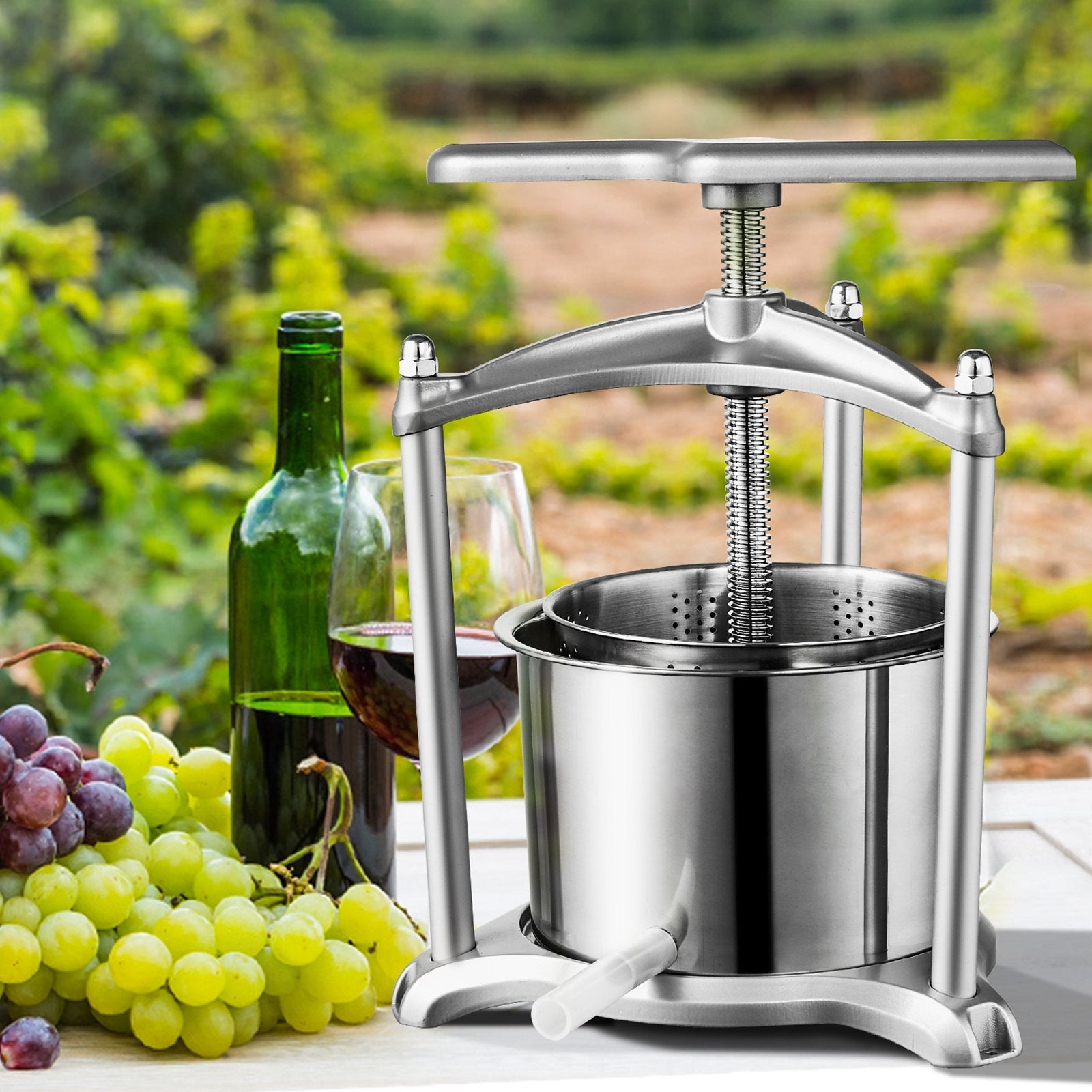 VEVOR Fruit Wine Press, 1.6 Gallon/6L, 2 Stainless Steel Barrels, Manual Juice Maker, Cider Apple Grape Tincture Vegetables Honey Olive Oil Making Press with T-Handle, Triangular Structure for Kitchen