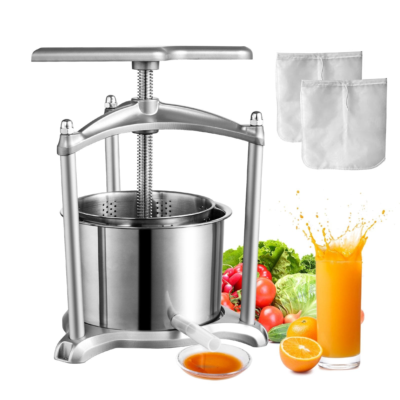 VEVOR Fruit Wine Press, 1.6 Gallon/6L, 2 Stainless Steel Barrels, Manual Juice Maker, Cider Apple Grape Tincture Vegetables Honey Olive Oil Making Press with T-Handle, Triangular Structure for Kitchen