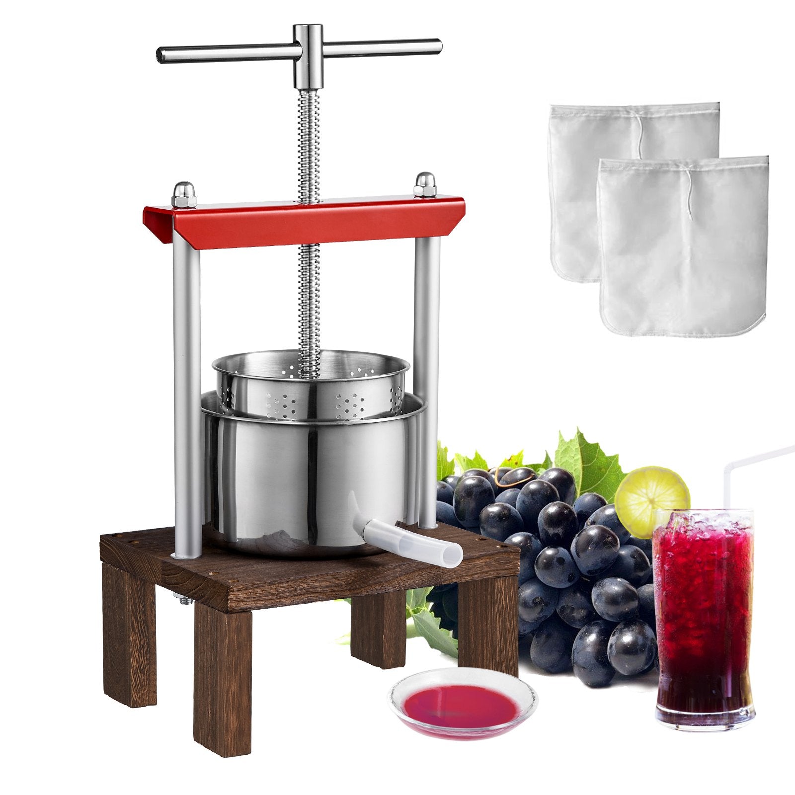 VEVOR Fruit Wine Press, 0.53 Gallon/2L, 2 Stainless Steel Barrels, Manual Juice Maker, Cider Apple Grape Tincture Vegetables Honey Olive Oil Making Press with T-Handle & Stable Base for Kitchen, Home