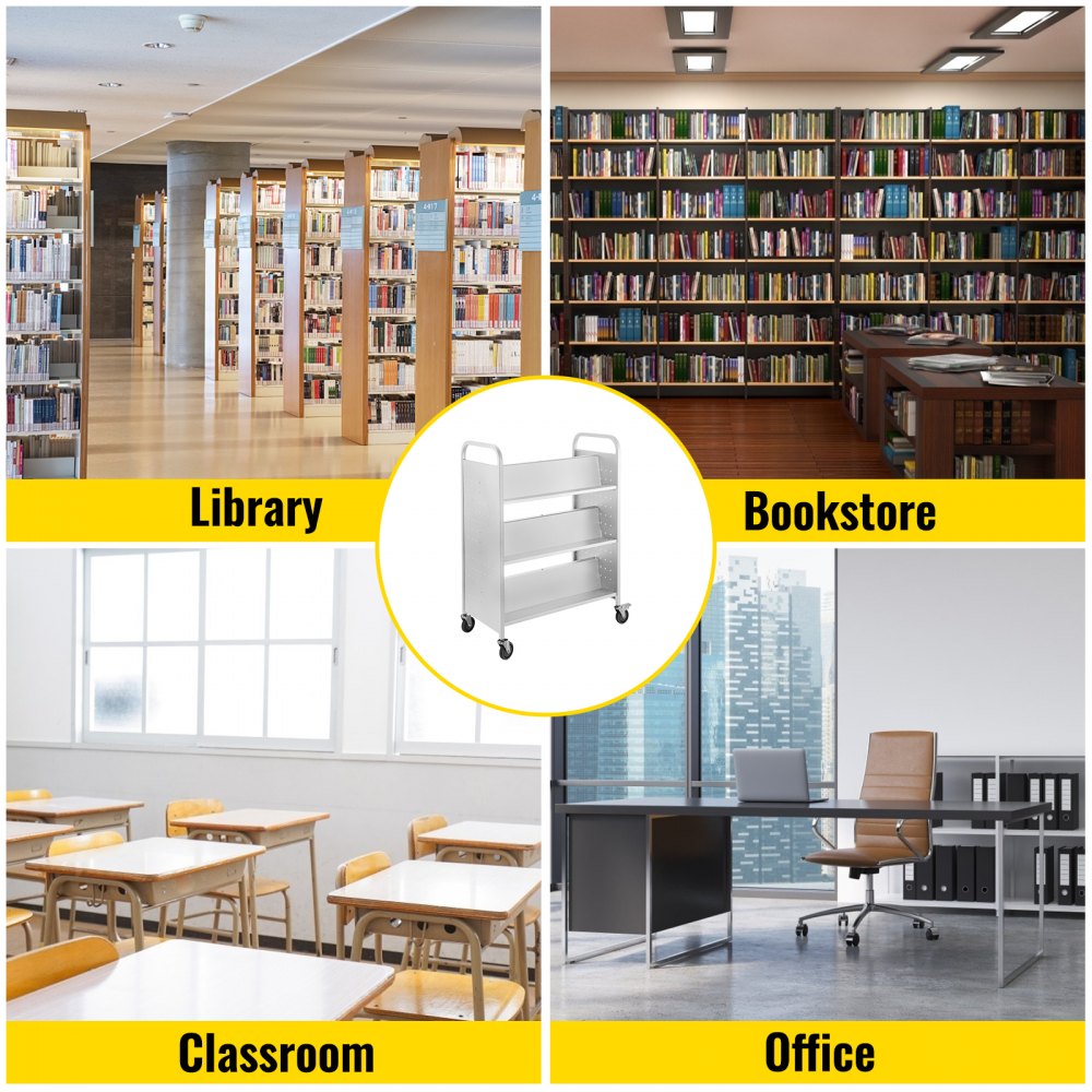 VEVOR 200LBS Book Cart, Library Cart 30x14x45 Inch, Rolling Book Cart Double Sided W-Shaped Sloped Shelves with 4-Inch Lockable Wheels, for Home Shelves Office and School Book Truck in White