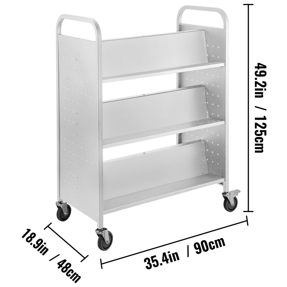 VEVOR 200LBS Book Cart, Library Cart 30x14x45 Inch, Rolling Book Cart Double Sided W-Shaped Sloped Shelves with 4-Inch Lockable Wheels, for Home Shelves Office and School Book Truck in White