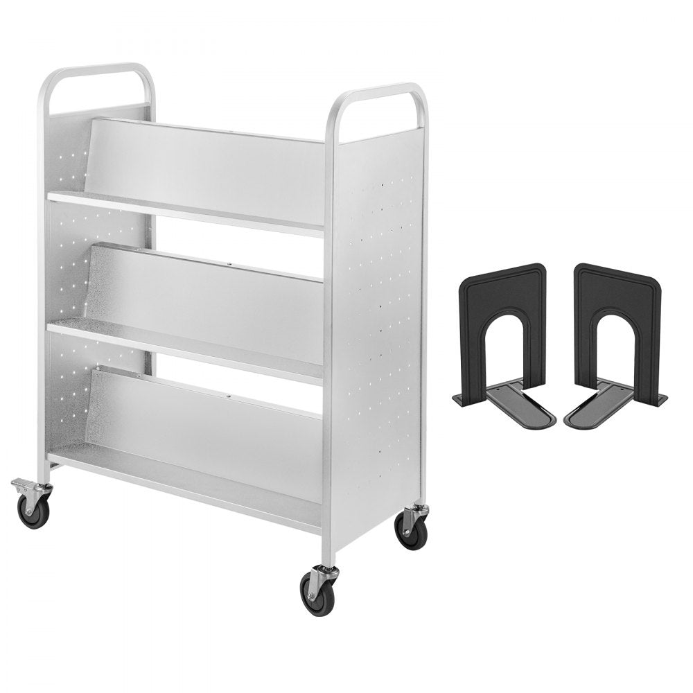 VEVOR 200LBS Book Cart, Library Cart 30x14x45 Inch, Rolling Book Cart Double Sided W-Shaped Sloped Shelves with 4-Inch Lockable Wheels, for Home Shelves Office and School Book Truck in White