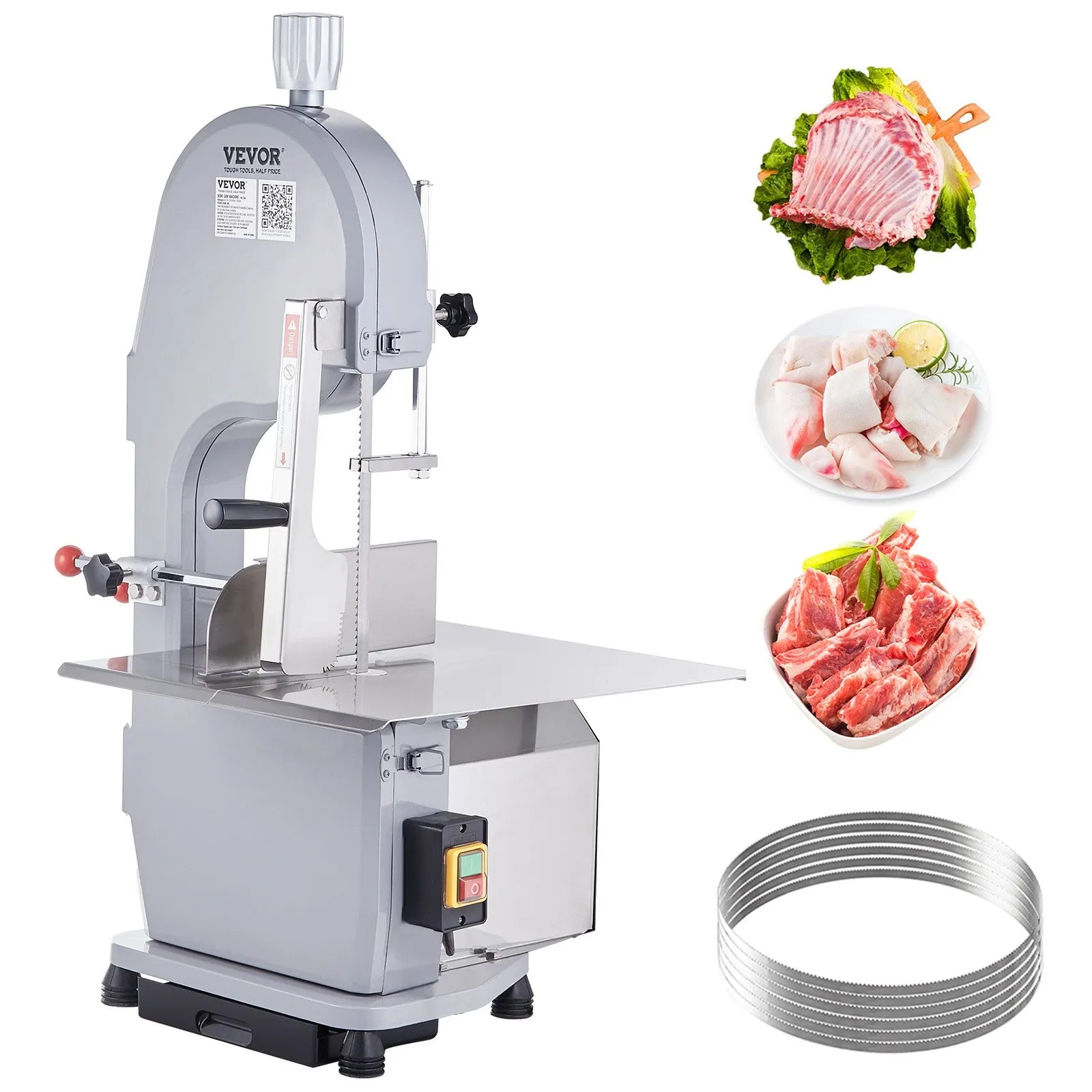 VEVOR Commercial Electric Meat Bandsaw, 1500W Stainless Steel Countertop Bone Sawing Machine, Workbeach 19.3" x 15", 0.16-7.9 Inch Cutting Thickness, Frozen Meat Cutter with 6 Blades for Rib Pork Beef