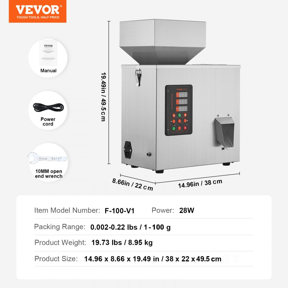 VEVOR Powder Filling Machine, 0.002-0.22lbs/1-100g, Automatic Intelligent Particle Weighing Filling Machine, Bottle Bag Powder Filler Particle Dispenser for Tea Seeds Grains Powder Flour Beans Glitter