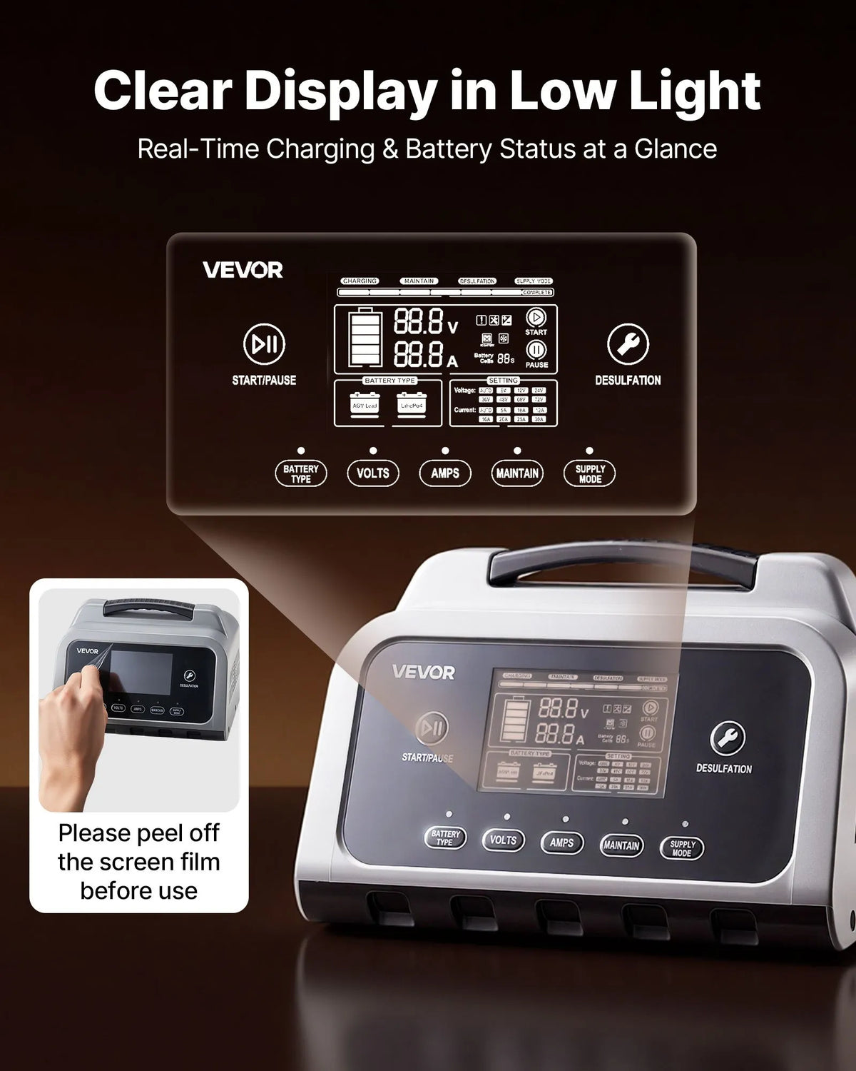 Smart Battery Charger – 12A/16A, 6V-72V LiFePO4 & Lead-Acid Battery Charger with LCD Display, Maintainer & Desulfator