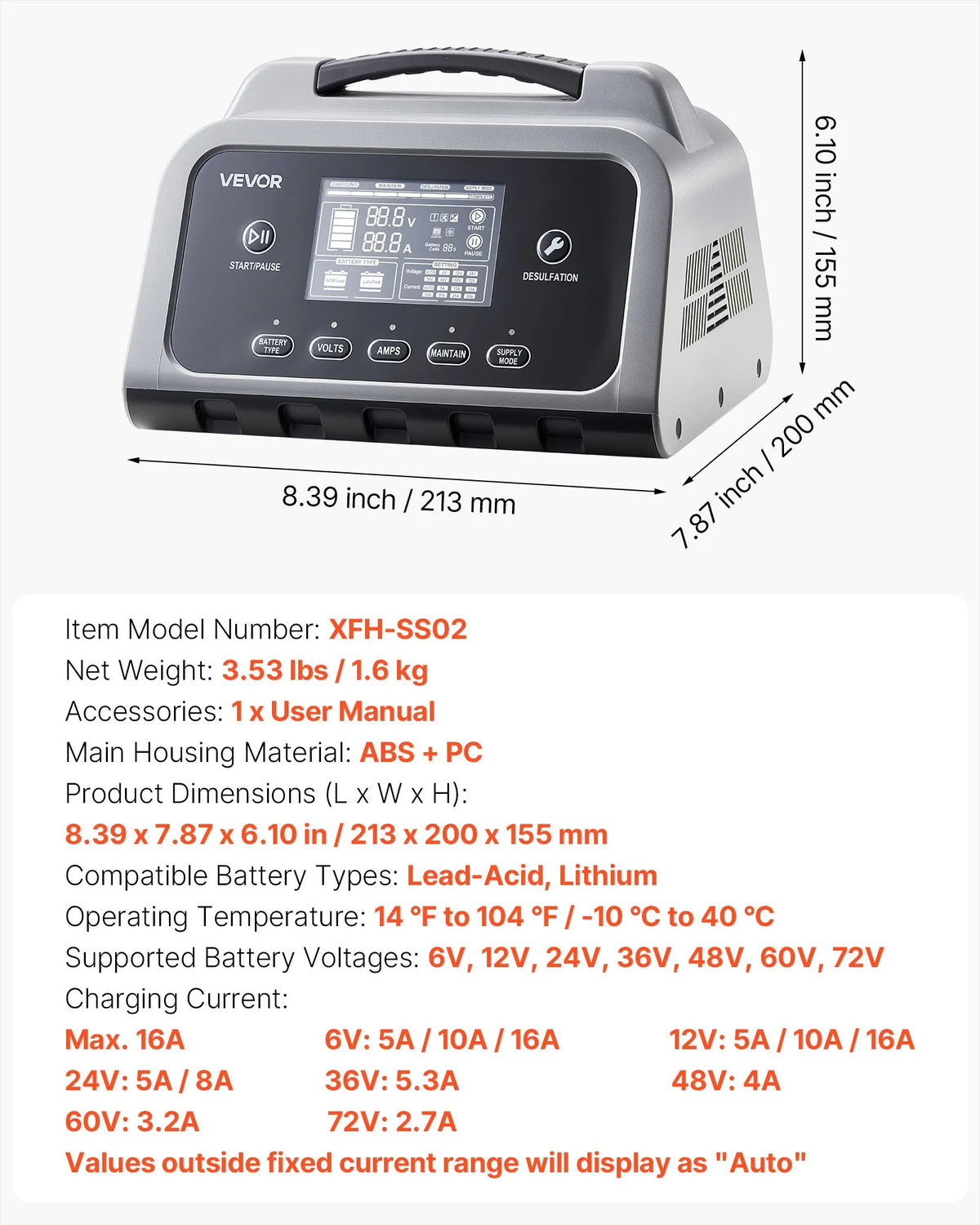 Smart Battery Charger – 12A/16A, 6V-72V LiFePO4 & Lead-Acid Battery Charger with LCD Display, Maintainer & Desulfator