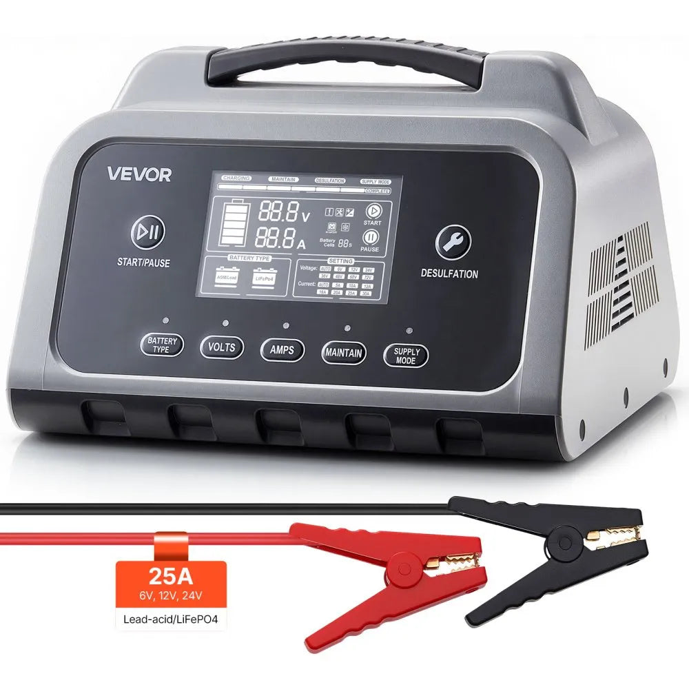 VEVOR Smart Battery Charger 25A – 6V / 12V / 24V Lithium & Lead-Acid Charger with LCD Display