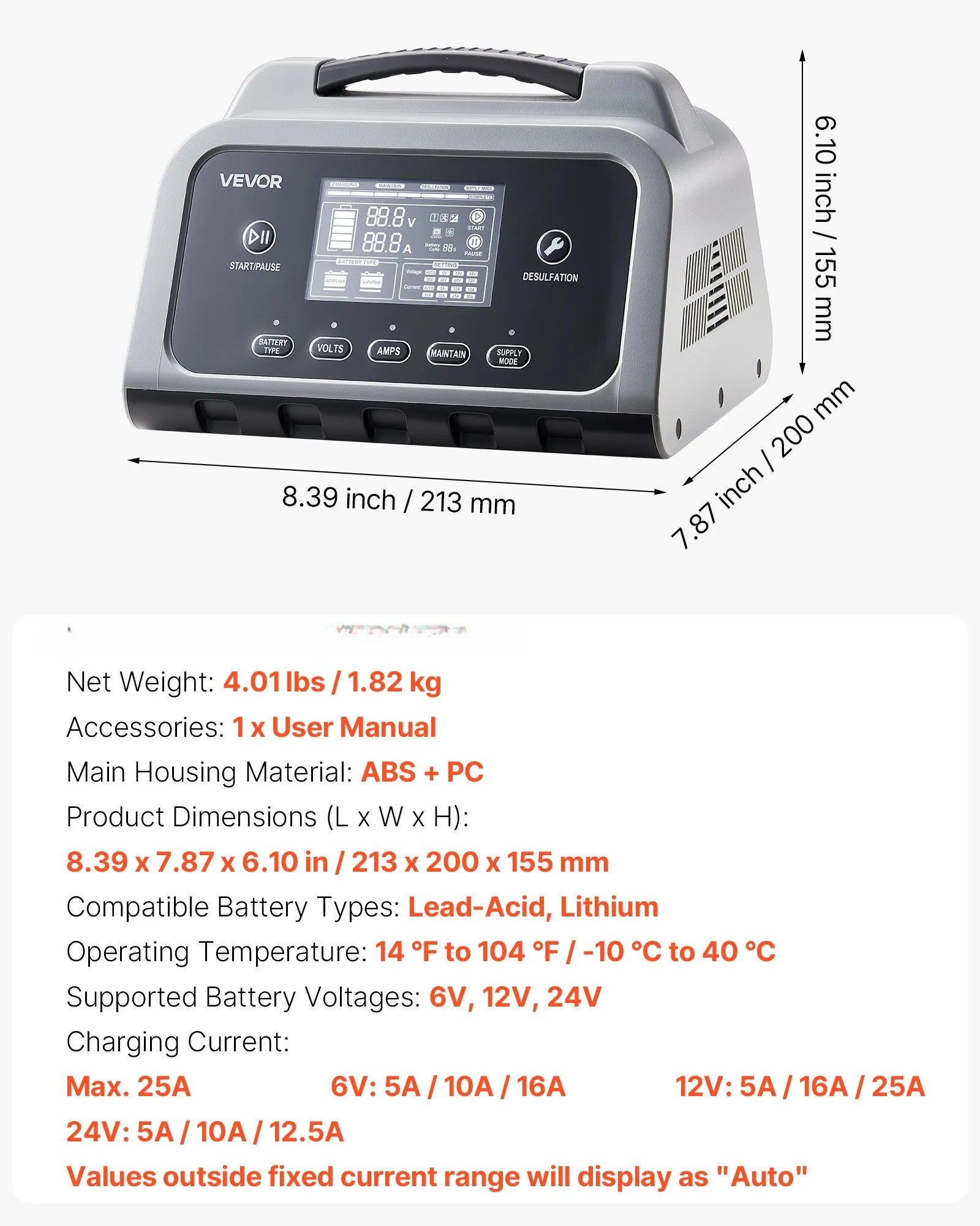 VEVOR Smart Battery Charger 25A – 6V / 12V / 24V Lithium & Lead-Acid Charger with LCD Display