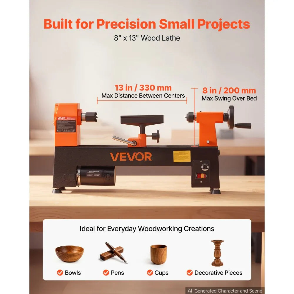 8" x 13" Mini Benchtop Wood Lathe, 1/3 HP Variable Speed Woodworking Lathe, 150–3200 RPM