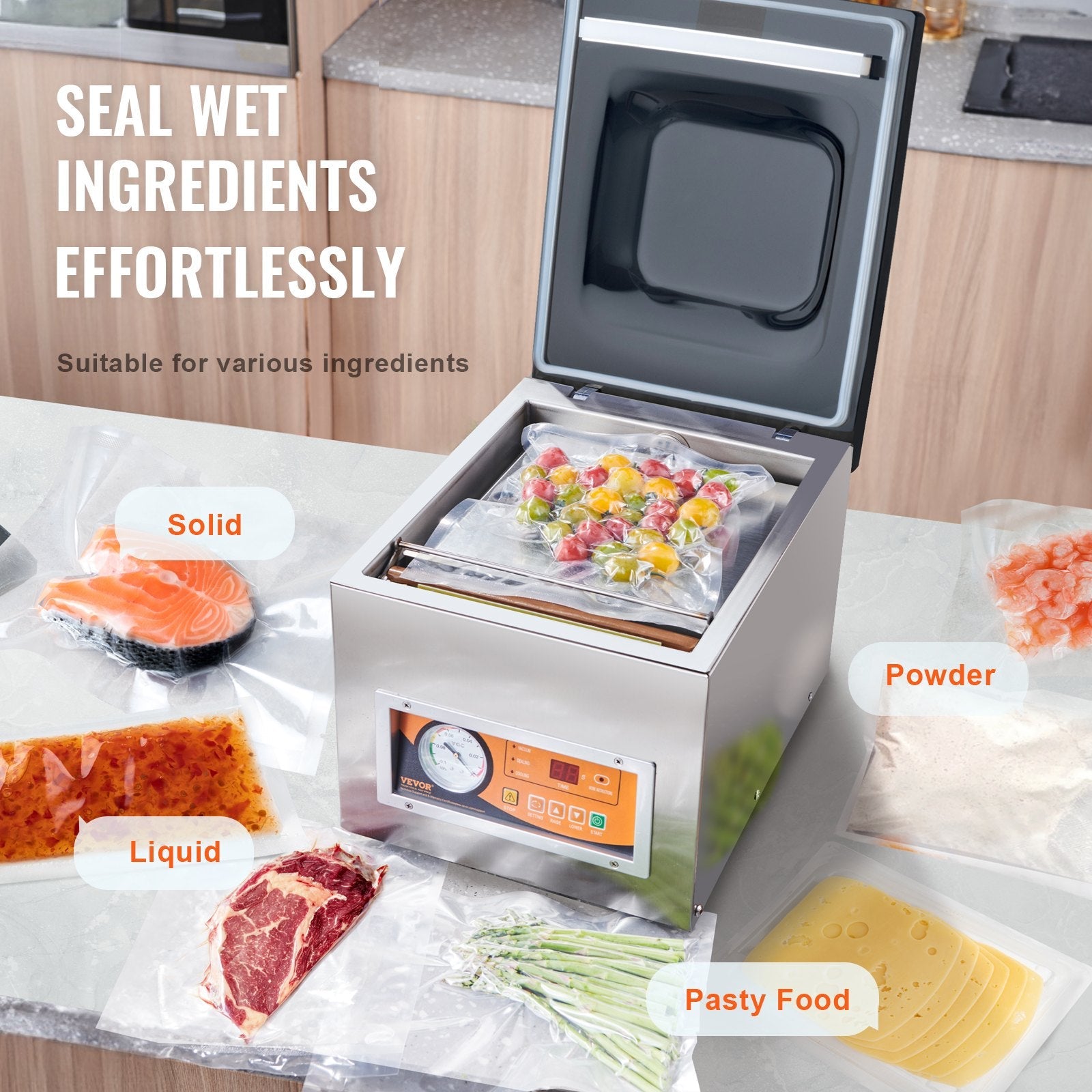 VEVOR Chamber Vacuum Sealer, 260W Sealing Power, Vacuum Packing Machine for Wet Foods, Meats, Marinades and More, Compact Size with 10.2" Sealing Length, Applied in Home Kitchen and Commercial Use