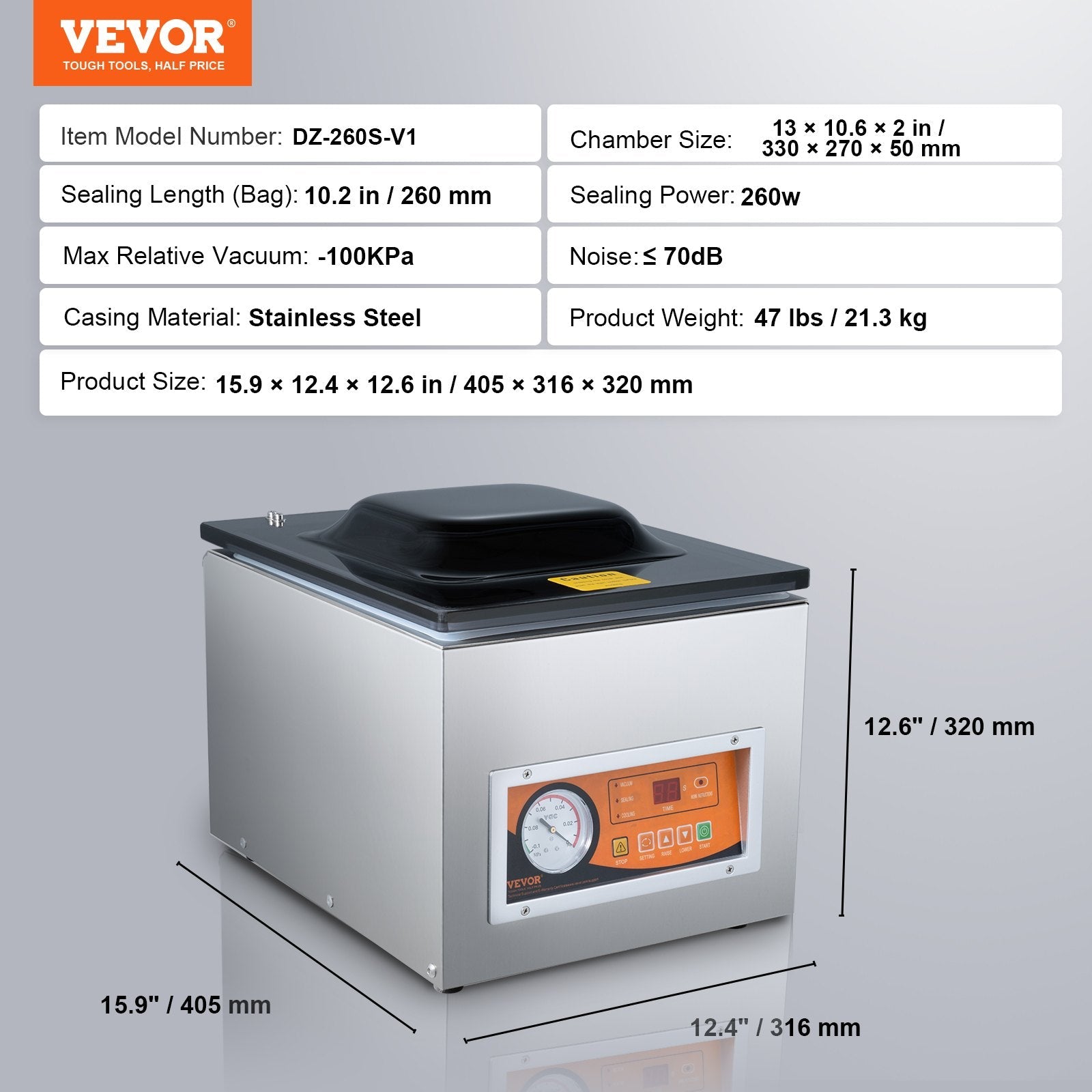 VEVOR Chamber Vacuum Sealer, 260W Sealing Power, Vacuum Packing Machine for Wet Foods, Meats, Marinades and More, Compact Size with 10.2" Sealing Length, Applied in Home Kitchen and Commercial Use