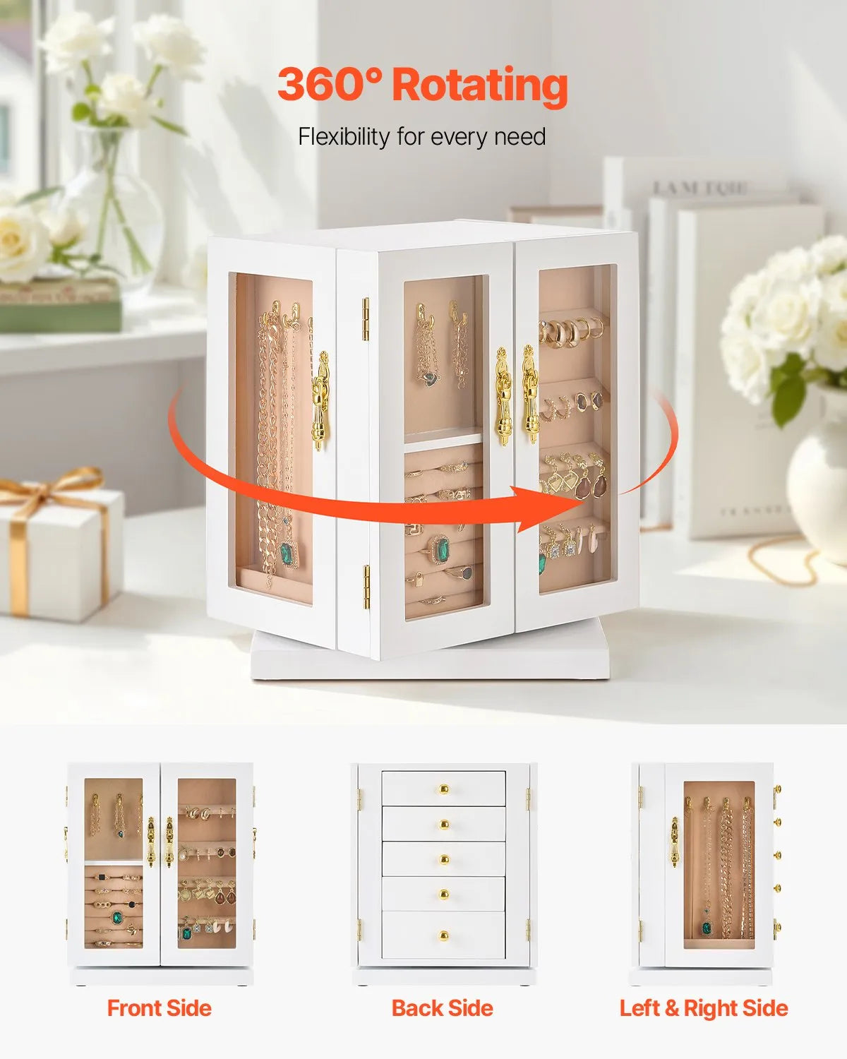 VEVOR Jewelry Box 360° Rotating Jewelry Organizer with 5 Spacious Drawers White