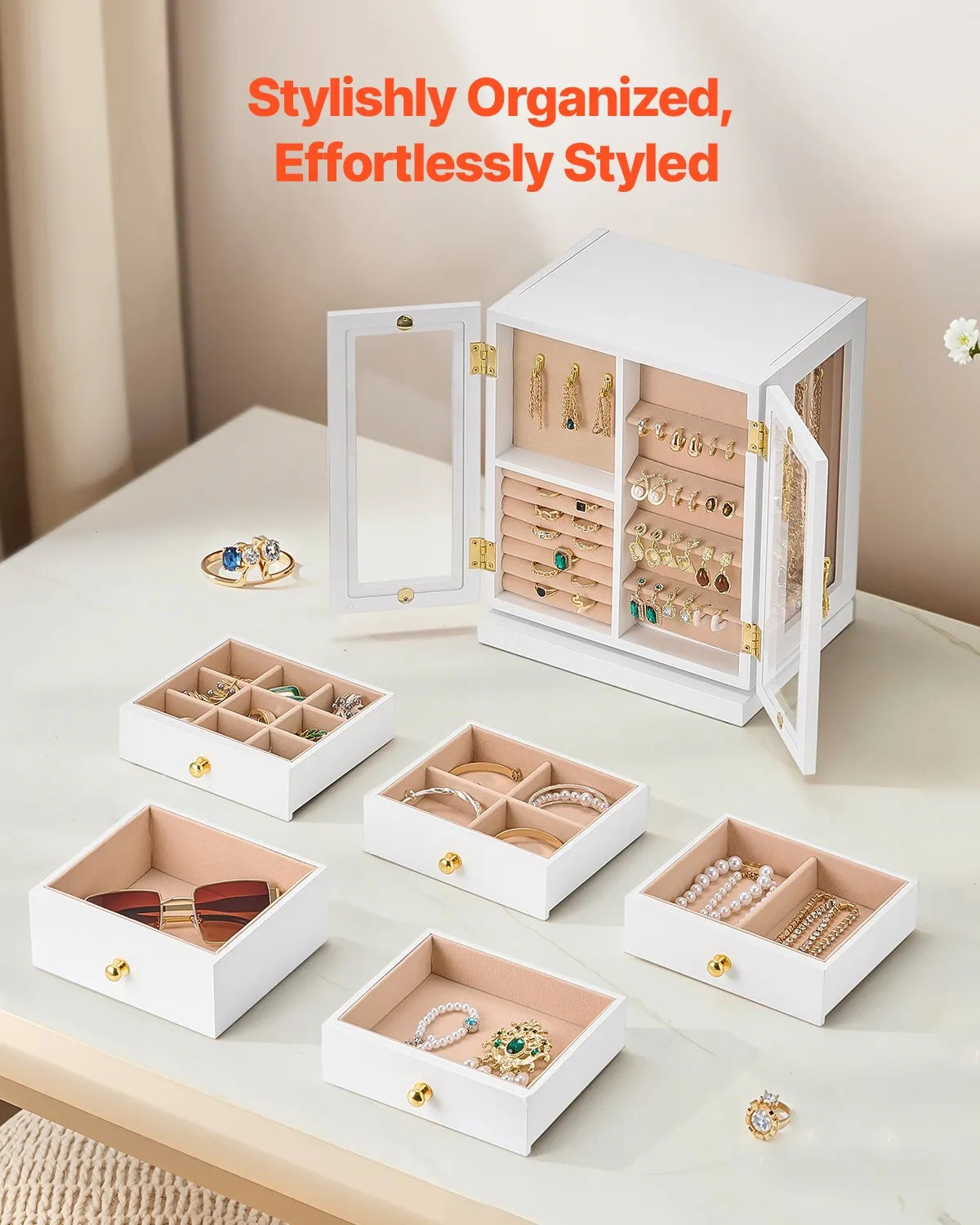 VEVOR Jewelry Box 360° Rotating Jewelry Organizer with 5 Spacious Drawers White