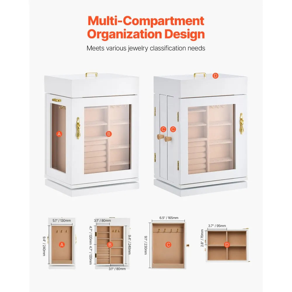 VEVOR Jewelry Box 360° Rotating Jewelry Organizer with 4 Necklace Hooks White