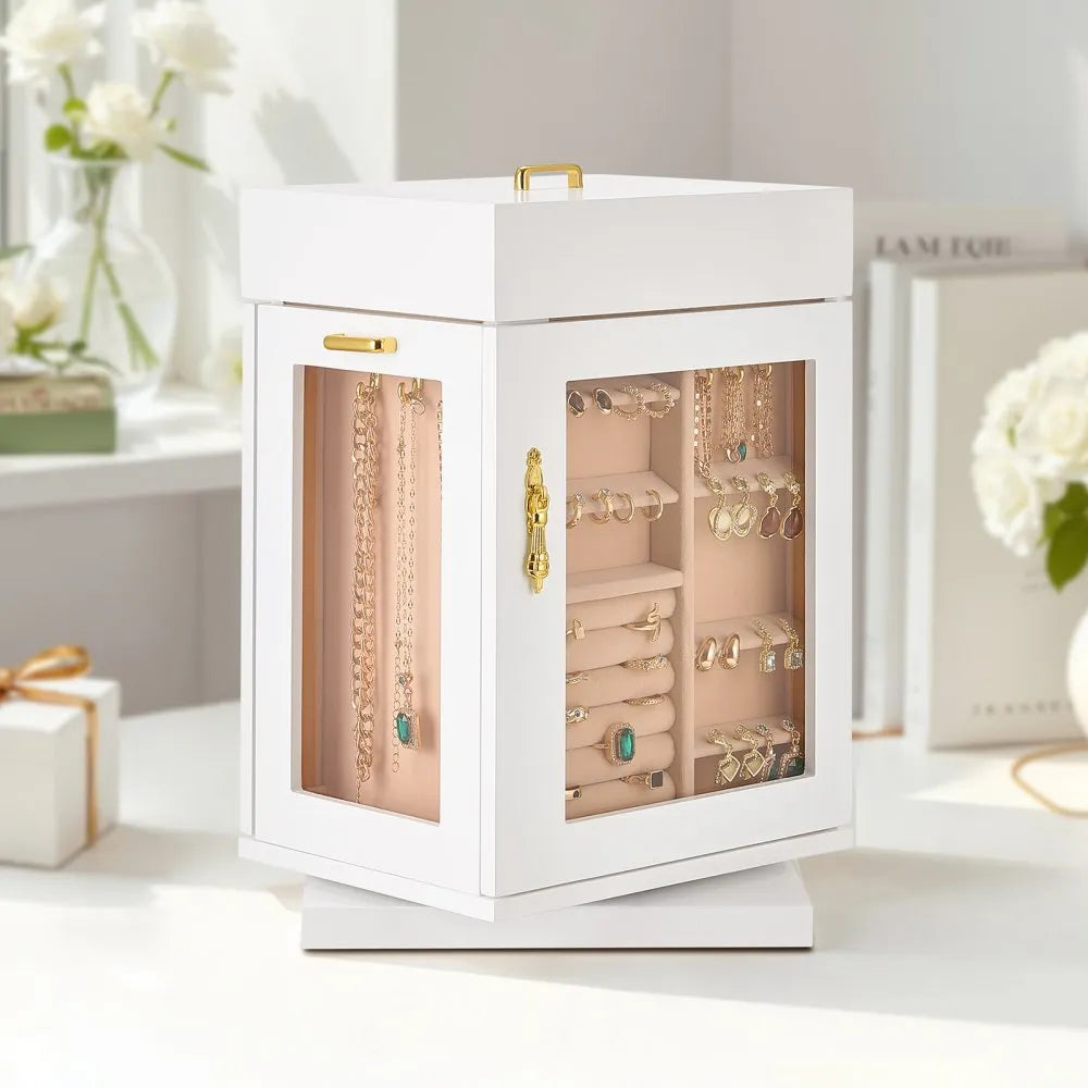 VEVOR Jewelry Box 360° Rotating Jewelry Organizer with 4 Necklace Hooks White