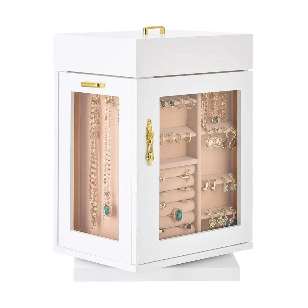 VEVOR Jewelry Box 360° Rotating Jewelry Organizer with 4 Necklace Hooks White