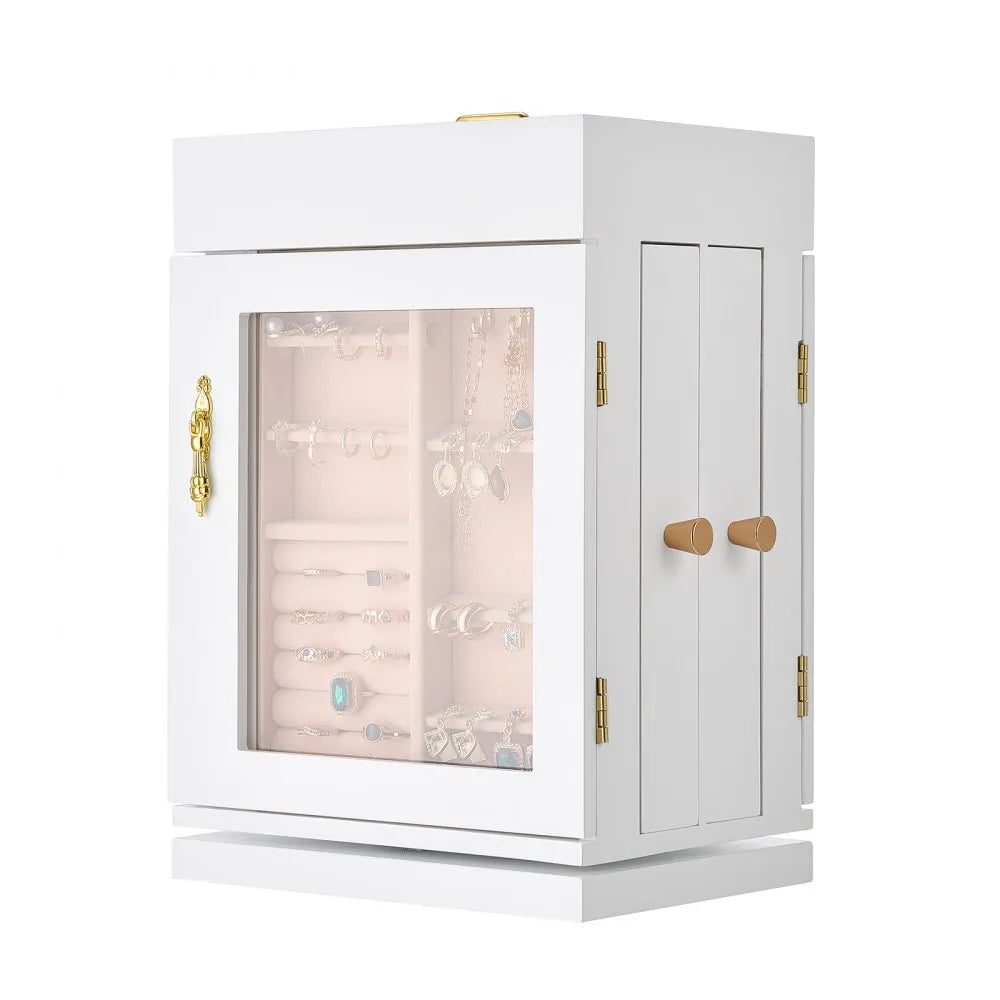 VEVOR Jewelry Box 360° Rotating Jewelry Organizer with 4 Necklace Hooks White