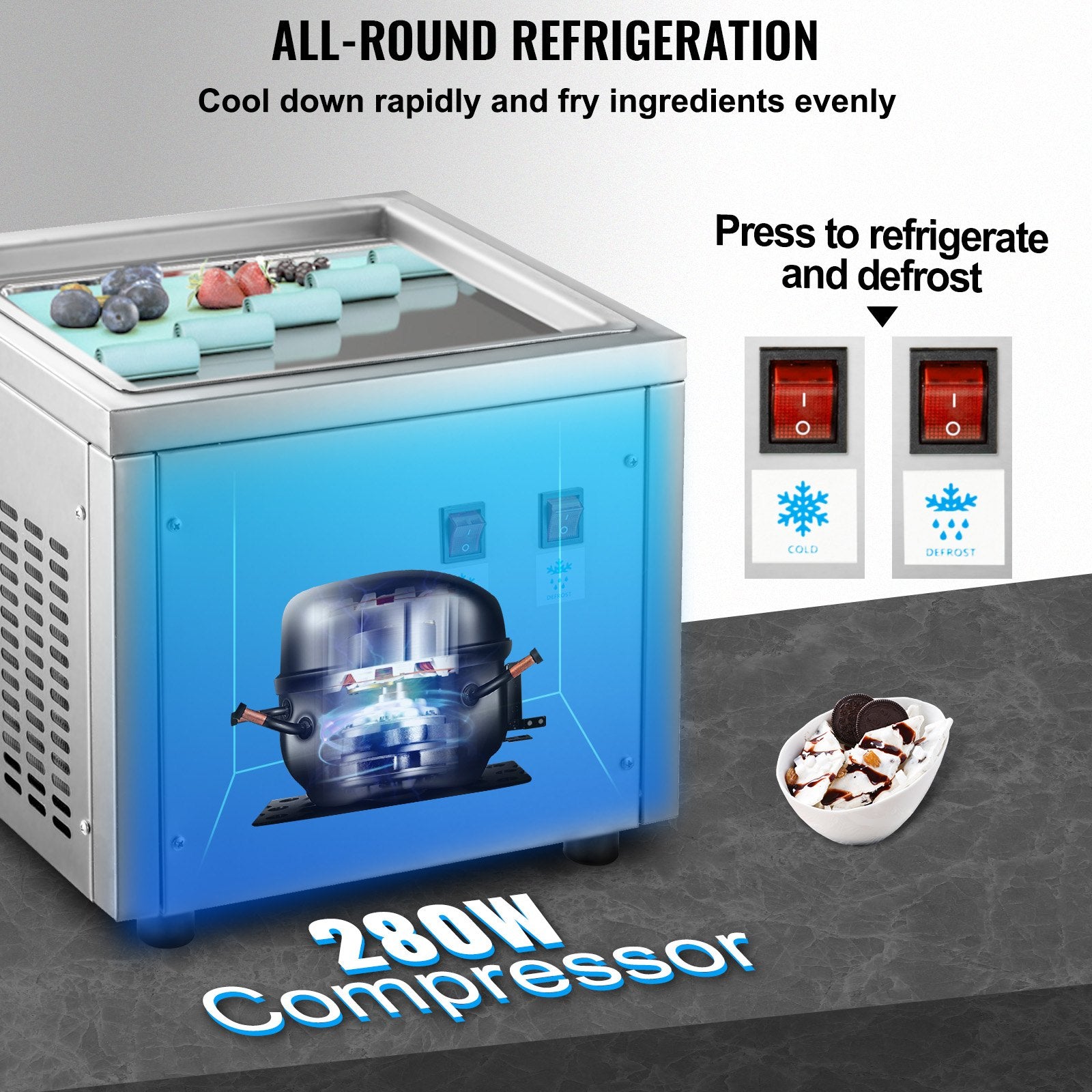 VEVOR Commercial Rolled Ice Cream Machine, Stir-Fried Ice Cream Roll Machine with Single Square Pan, Stainless Steel Stir-Fried Ice Cream Roll Maker, Yogurt Cream Machine for Bars Cafés Dessert Shops