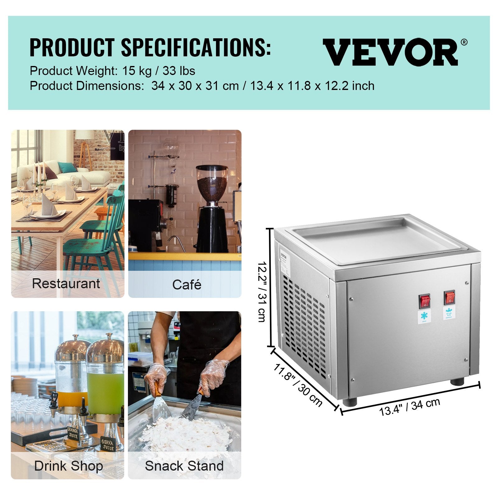 VEVOR Commercial Rolled Ice Cream Machine, Stir-Fried Ice Cream Roll Machine with Single Square Pan, Stainless Steel Stir-Fried Ice Cream Roll Maker, Yogurt Cream Machine for Bars Cafés Dessert Shops