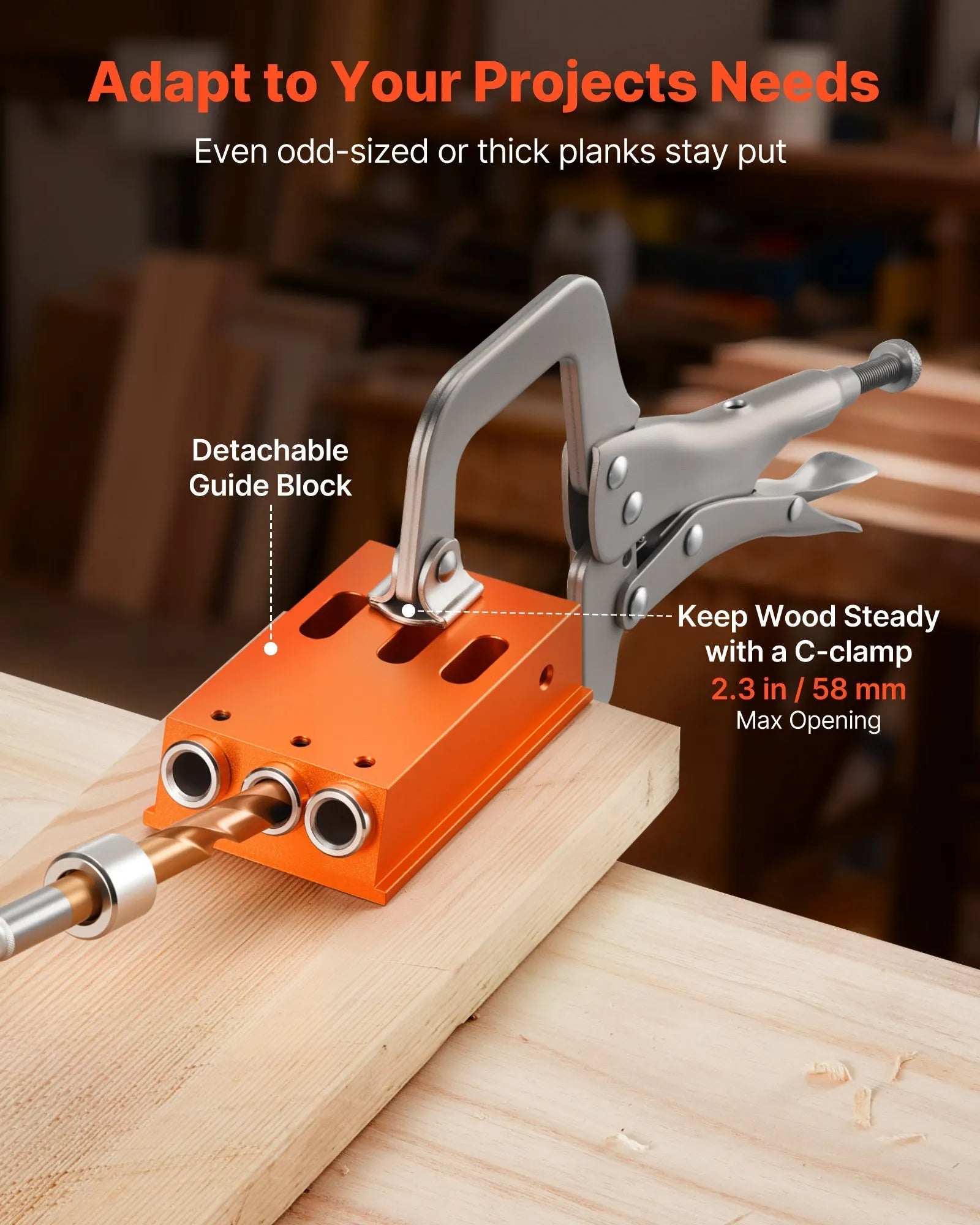 VEVOR Pocket Hole Jig Kit, 1/2 to 1-1/2 in Adjustable, Jig Pocket Hole System with Toolcase, C-Clamp, Step Drill, Hex Wrench, Drill Stop Ring, Square Drive Bit, Reinforced Metal Frame, for Woodworking
