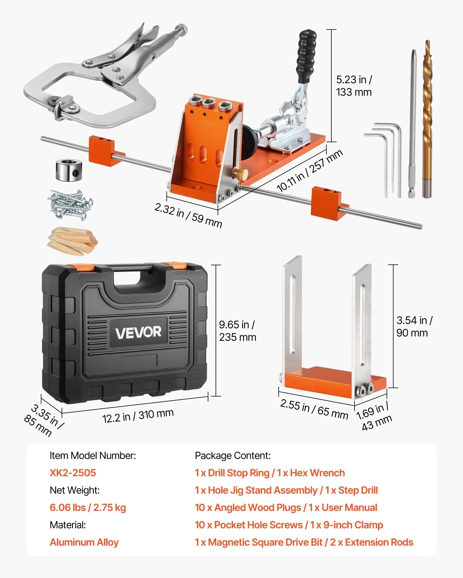 VEVOR Pocket Hole Jig Kit, 1/2 to 1-1/2 in Adjustable, Jig Pocket Hole System with Toolcase, C-Clamp, Step Drill, Hex Wrench, Drill Stop Ring, Square Drive Bit, Reinforced Metal Frame, for Woodworking