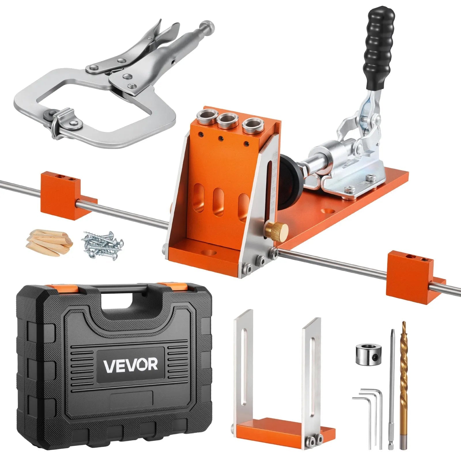 VEVOR Pocket Hole Jig Kit, 1/2 to 1-1/2 in Adjustable, Jig Pocket Hole System with Toolcase, C-Clamp, Step Drill, Hex Wrench, Drill Stop Ring, Square Drive Bit, Reinforced Metal Frame, for Woodworking