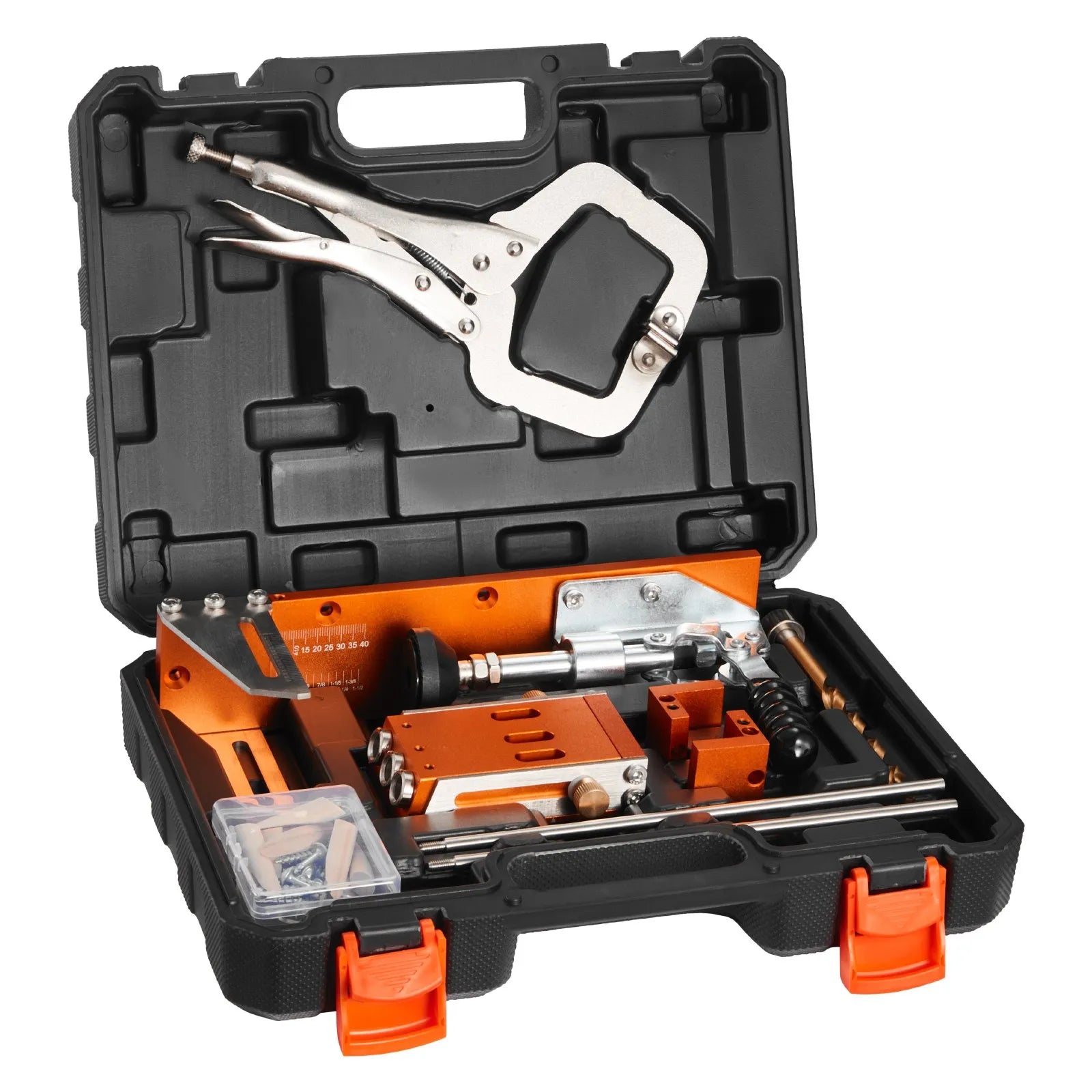 VEVOR Pocket Hole Jig Kit, 1/2 to 1-1/2 in Adjustable, Jig Pocket Hole System with Toolcase, C-Clamp, Step Drill, Hex Wrench, Drill Stop Ring, Square Drive Bit, Reinforced Metal Frame, for Woodworking