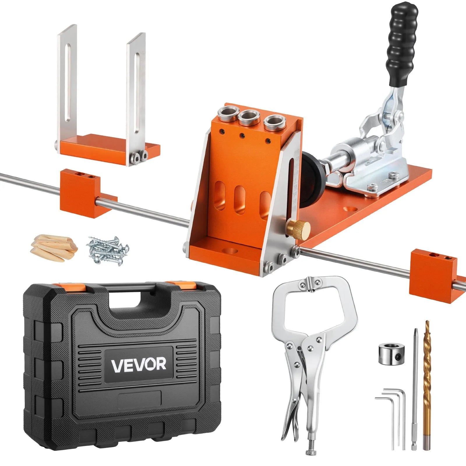VEVOR Pocket Hole Jig Kit, 1/2 to 1-1/2 in Adjustable, Jig Pocket Hole System with Toolcase, C-Clamp, Step Drill, Hex Wrench, Drill Stop Ring, Square Drive Bit, Reinforced Metal Frame, for Woodworking