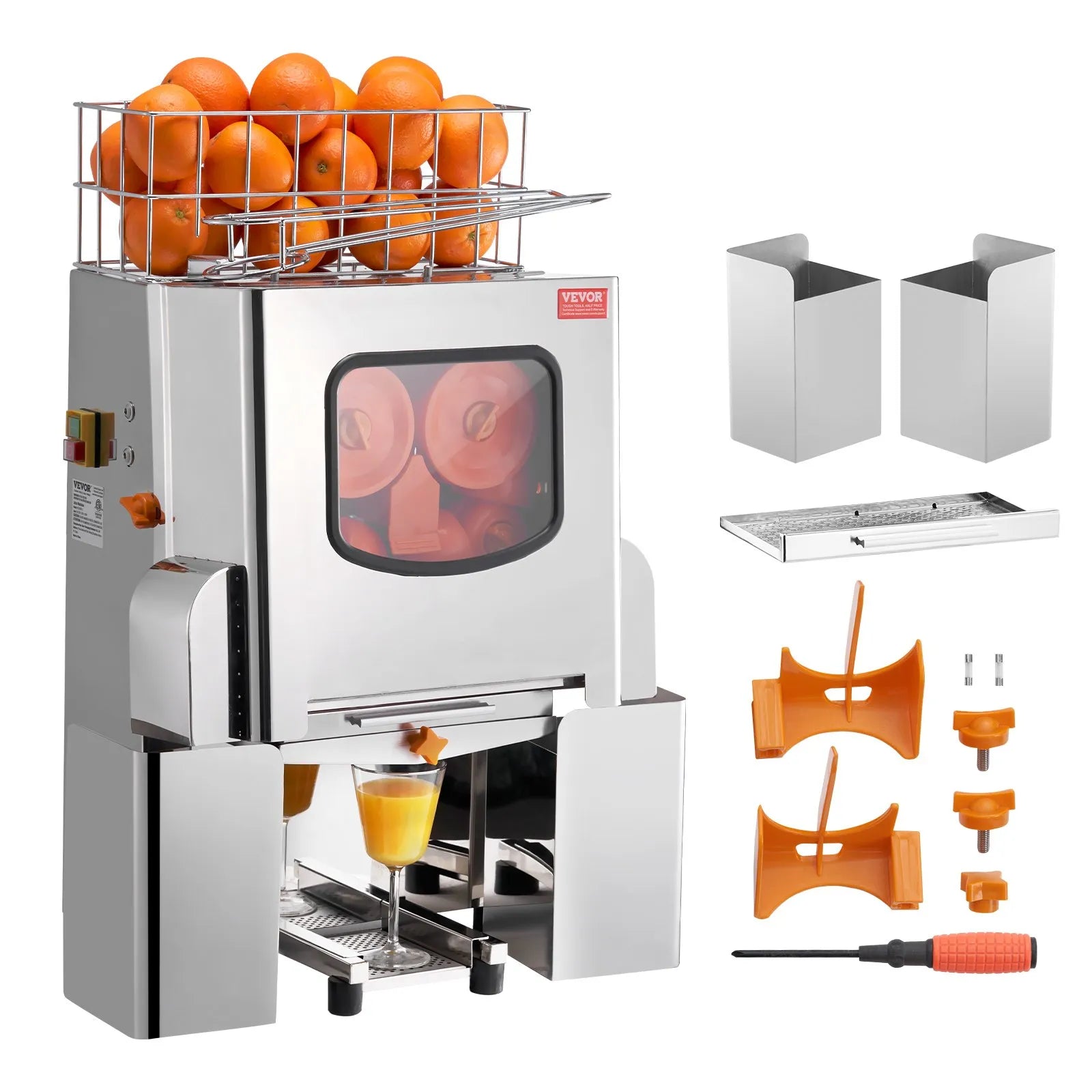 VEVOR Commercial Orange Juicer Machine, 120W Automatic Juice Extractor, Stainless Steel Orange Squeezer 20 Oranges/Minute, with Pull-Out Filter Box, Stainless Steel Cover, 2 Peel Collecting Buckets