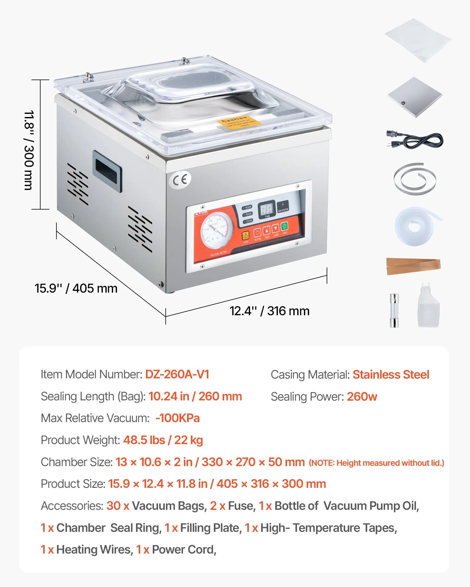 VEVOR Chamber Vacuum Sealer, 260W Sealing Power, Vacuum Packing Machine for Wet Foods, Meats, Marinades and More, Compact Size with 15.7" Sealing Length, Applied in Home Kitchen and Commercial Use