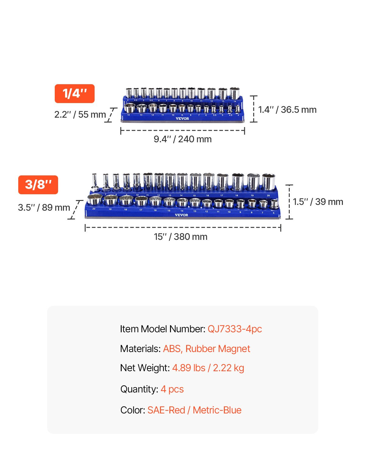 VEVOR Magnetic Socket Organizer Set 4PCS Socket Trays Blue & Red for Metric SAE