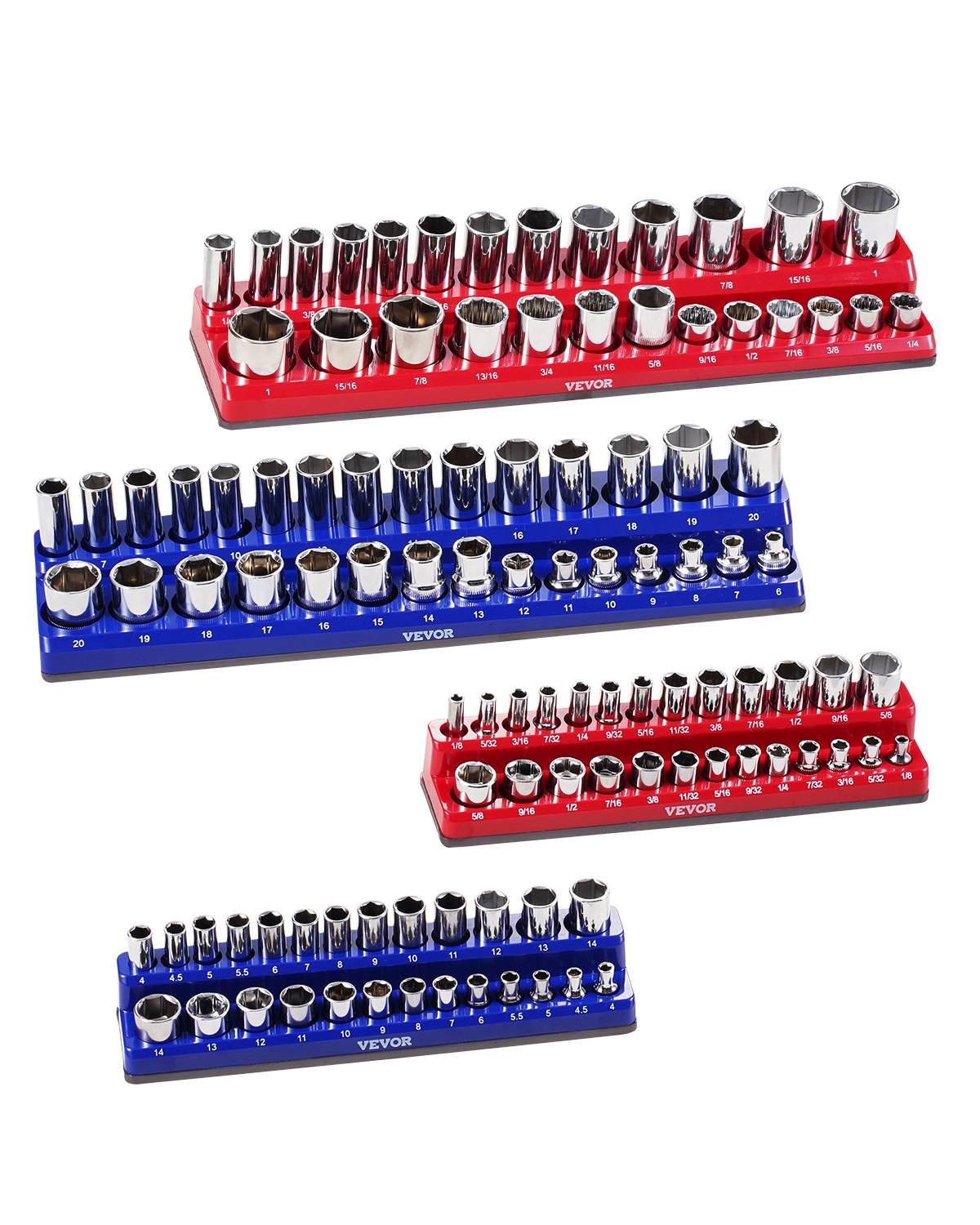 VEVOR Magnetic Socket Organizer Set 4PCS Socket Trays Blue & Red for Metric SAE