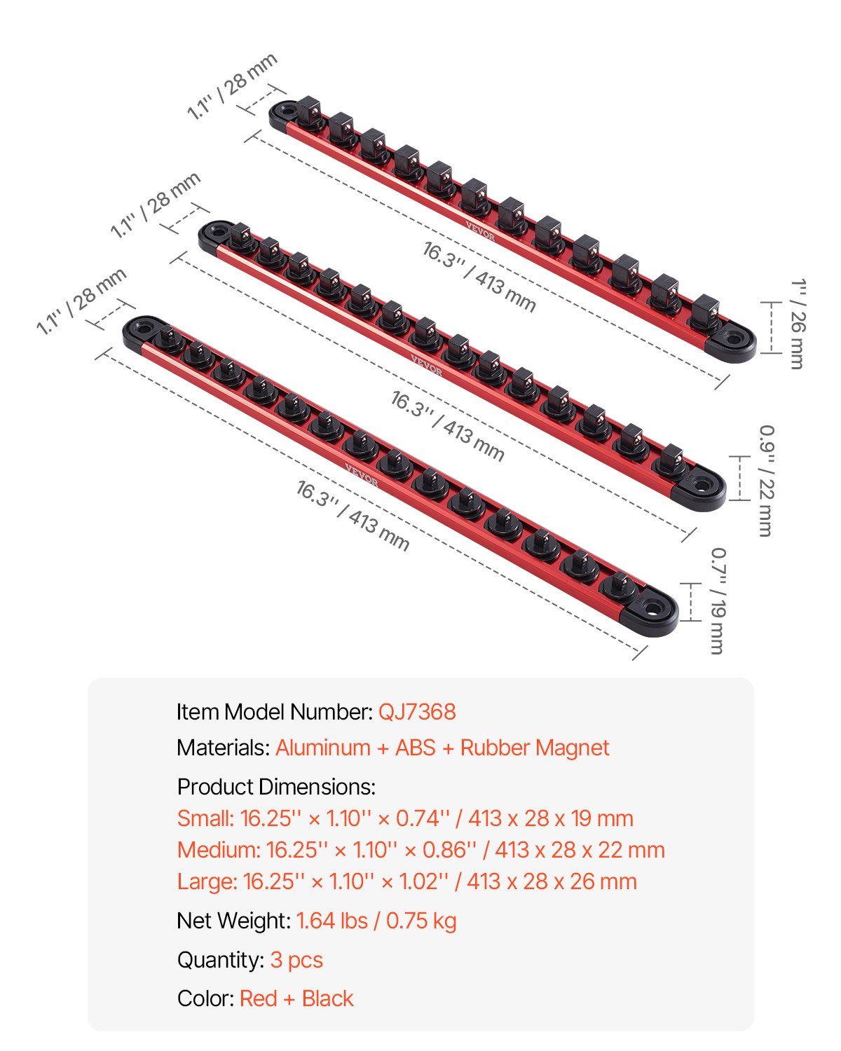 VEVOR Socket Organizer Rail Set 3PCS Aluminum Socket Organizers with 40 Clips