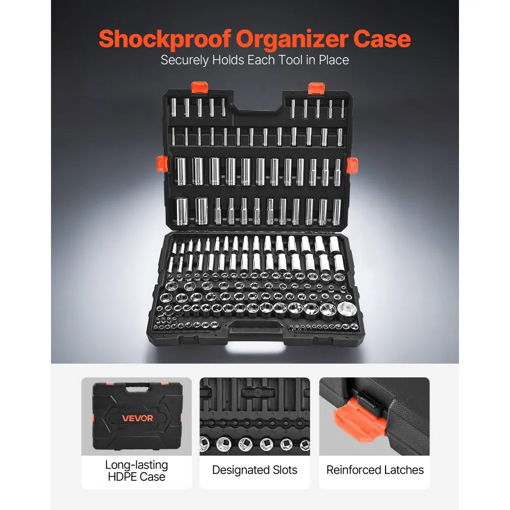 VEVOR 163-Piece Socket Set, 1/4", 3/8" & 1/2" Drive SAE & Metric Mechanic Tool Kit with Case