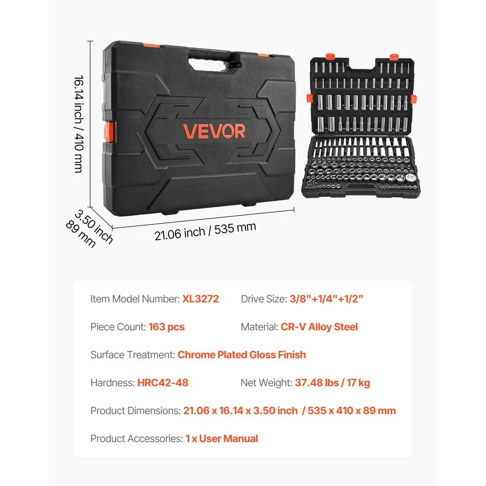 VEVOR 163-Piece Socket Set, 1/4", 3/8" & 1/2" Drive SAE & Metric Mechanic Tool Kit with Case