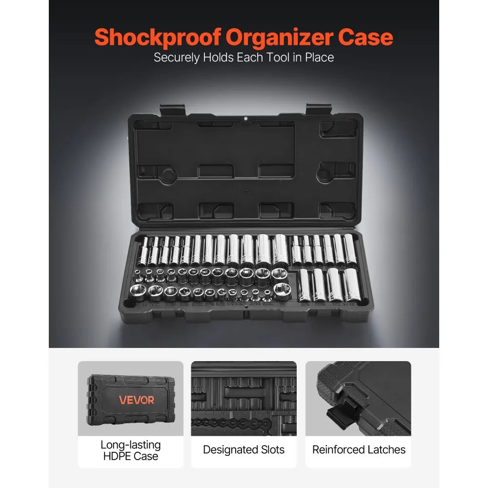 VEVOR 46-Piece Socket Set, 1/4" Drive SAE & Metric Socket Tool Kit with Storage Case