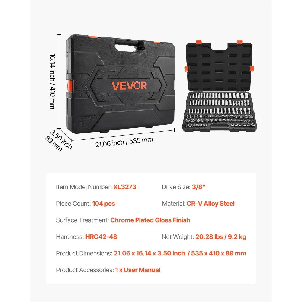 VEVOR 104-Piece Socket Set, 3/8" Drive Metric Socket Tool Kit, 6-24 mm with Storage Case