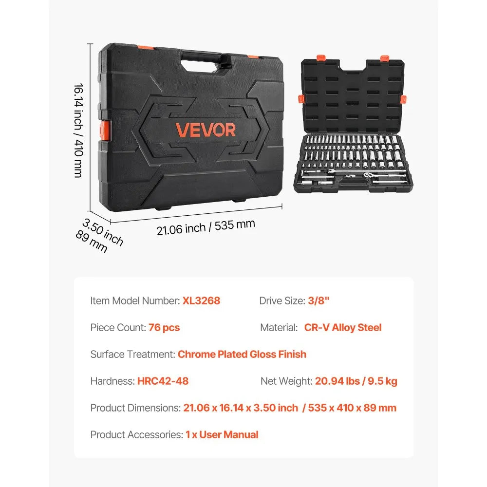 VEVOR 76-Piece Socket Set, 3/8" Drive SAE & Metric Ratchet and Socket Set with Storage Case