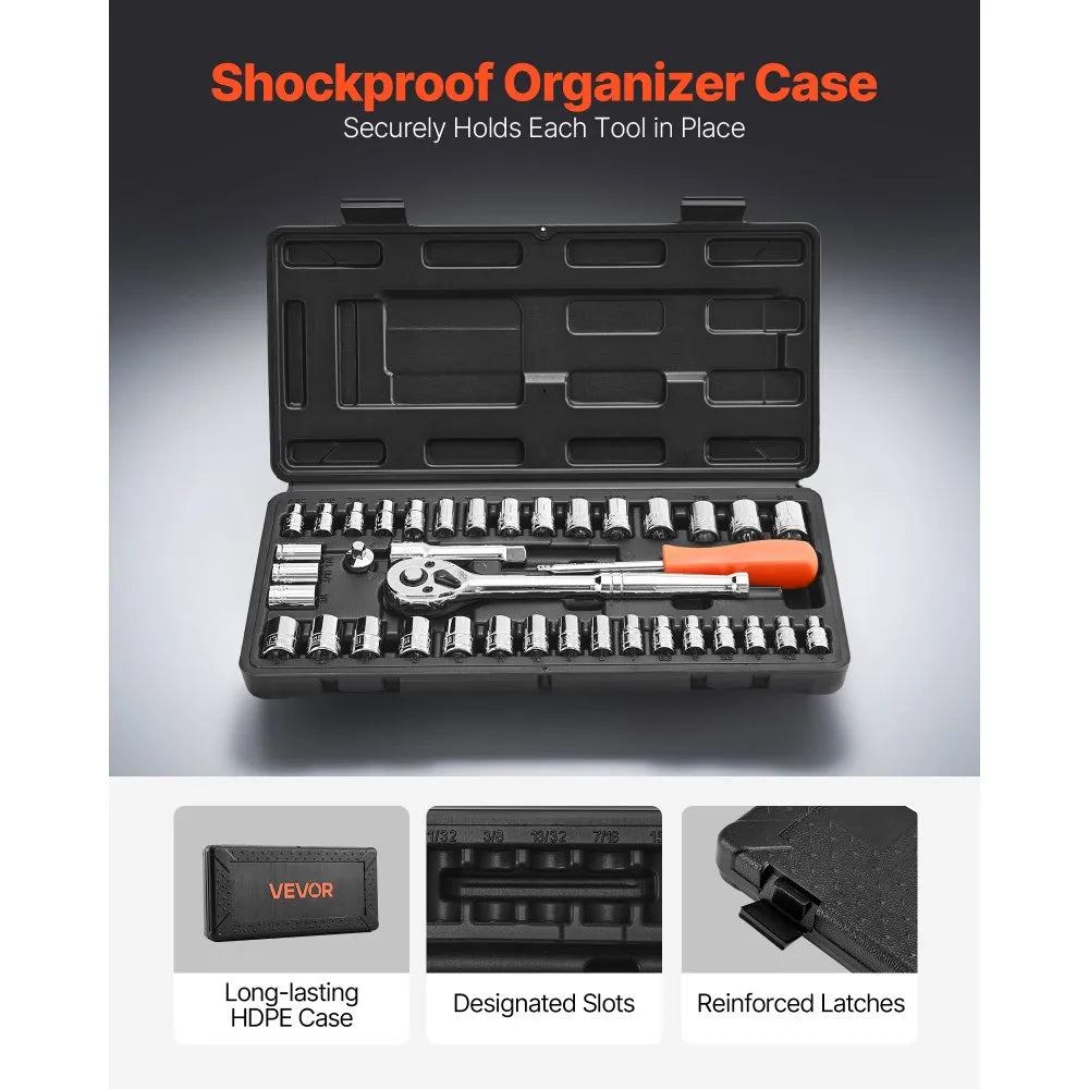 VEVOR 39-Piece Socket Set, 1/4" & 3/8" Drive SAE & Metric Ratchet Wrench Tool Kit with Case